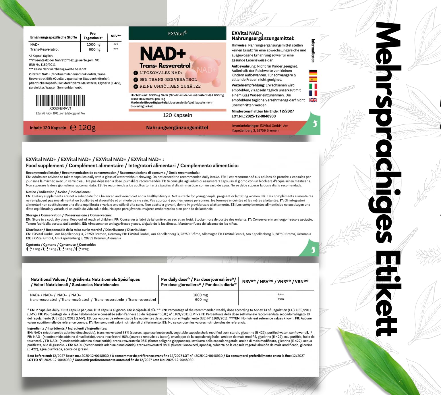 EXVital® NAD+, 1000mg NAD+ & 600mg Trans-Resveratrol pro Tag- 120 vegane Softgels - liposomal & maximale Bioverfügbarkeit, hochdosiert & laborgeprüft