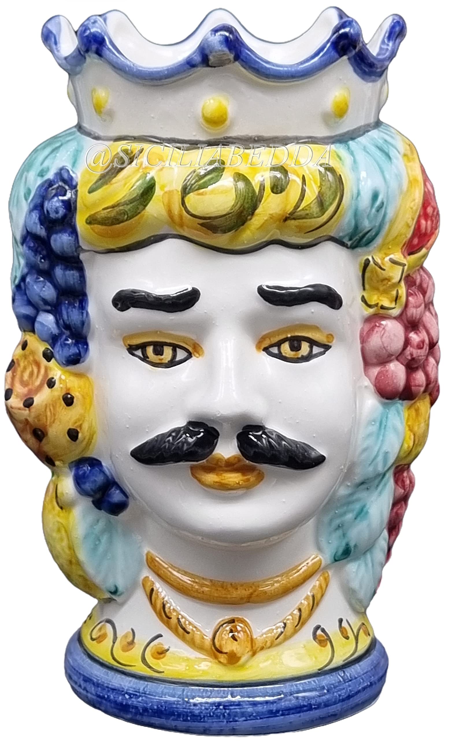 sicilia bedda - SICILIANE Brombeerköpfe aus Keramik aus CALTAGIRONE - Handgefertigt - Höhe 18 cm (Herren, blaue Krone)