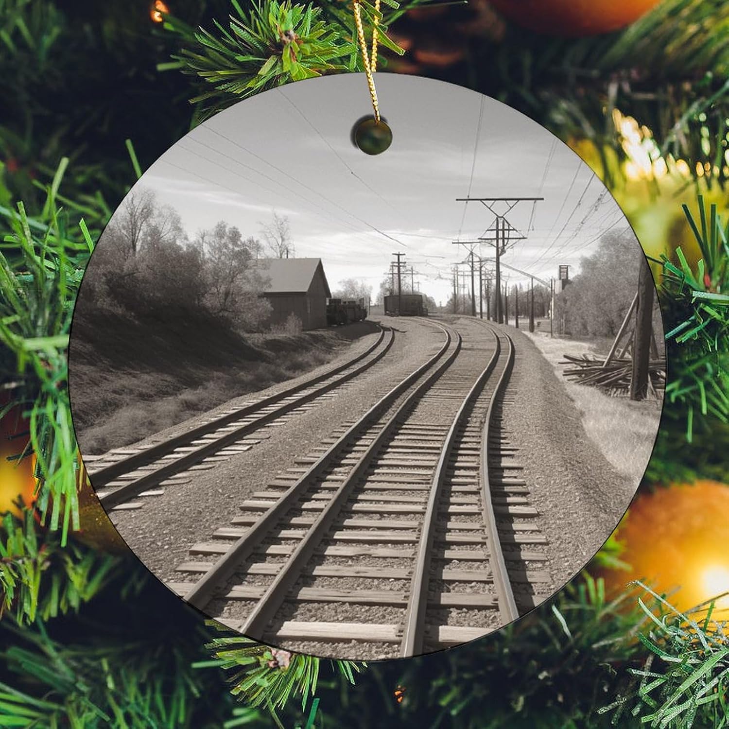 Round Ceramic Christmas Ornaments, Personalized Family Christmas Circular Pendant Train Track Printed Christmas Tree Circular Decoration for Indoor Outdoor 4 Pcs