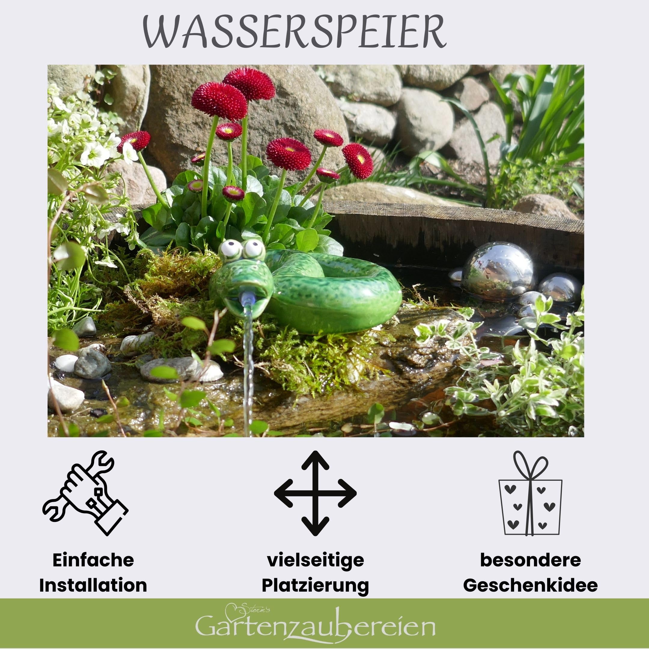 Storm's Gartenzaubereien Wasserspeier Solar mit Pumpe Schlange - grün aus Keramik für Teich und Miniteich