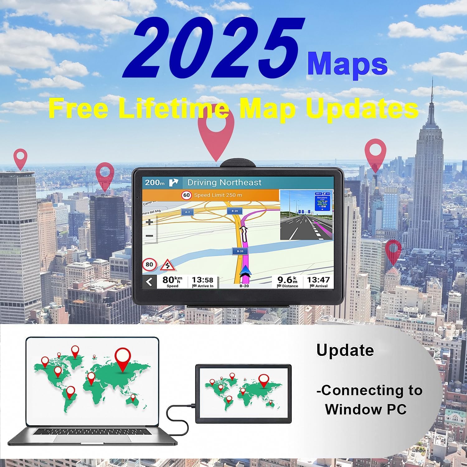 Navigatore satellitare 2025, mappa Europa del Regno Unito, touch screen per auto GPS e supporto vocale guida direzione di rotazione/velocità e avviso luce rossa/instradamento camion personalizzato (7