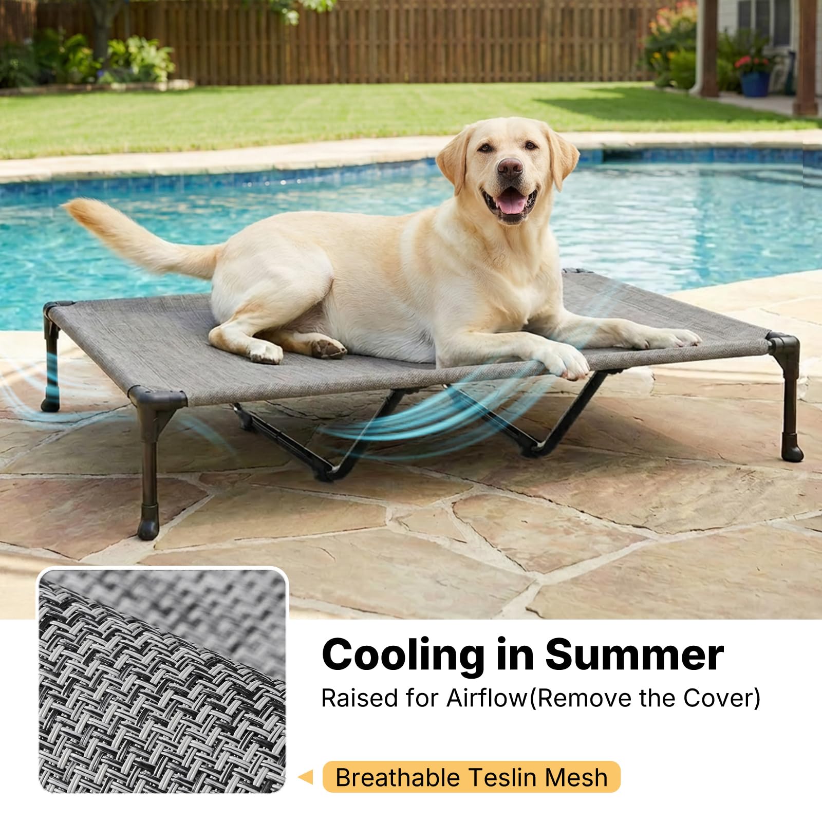 Veehoo Hundeliege Outdoor, Kühlendes Erhöhtes Hundebett mit Wasserdichter Abnehmbarer Kissenauflage, Hundebett mit Rand,Atmungsaktivem Mesh, rutschfeste Füße, Hundesofa für Innen & Außen