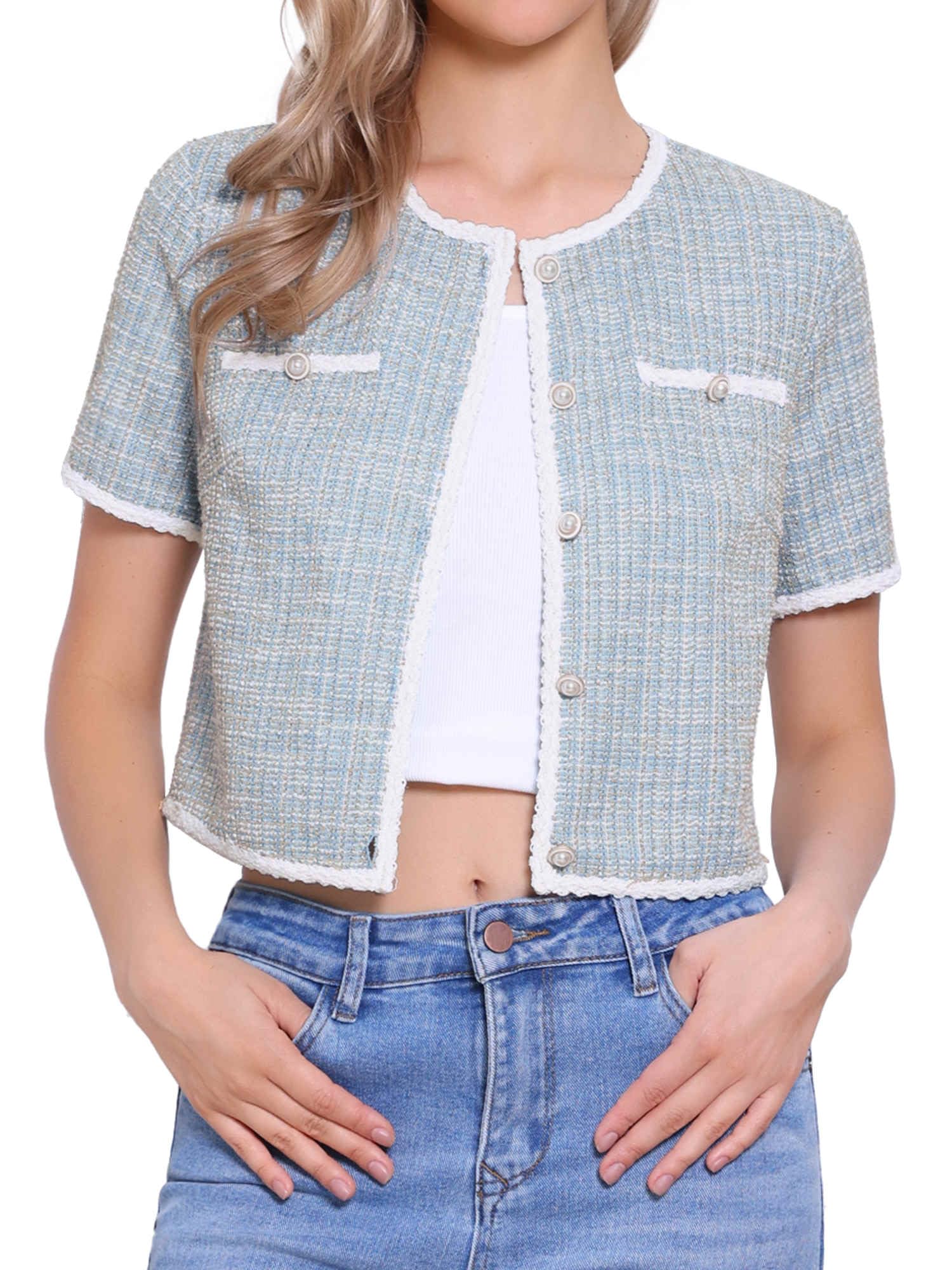 Allegra K Veste d'été à manches courtes en tweed pour femme, col rond, boutons sur le devant