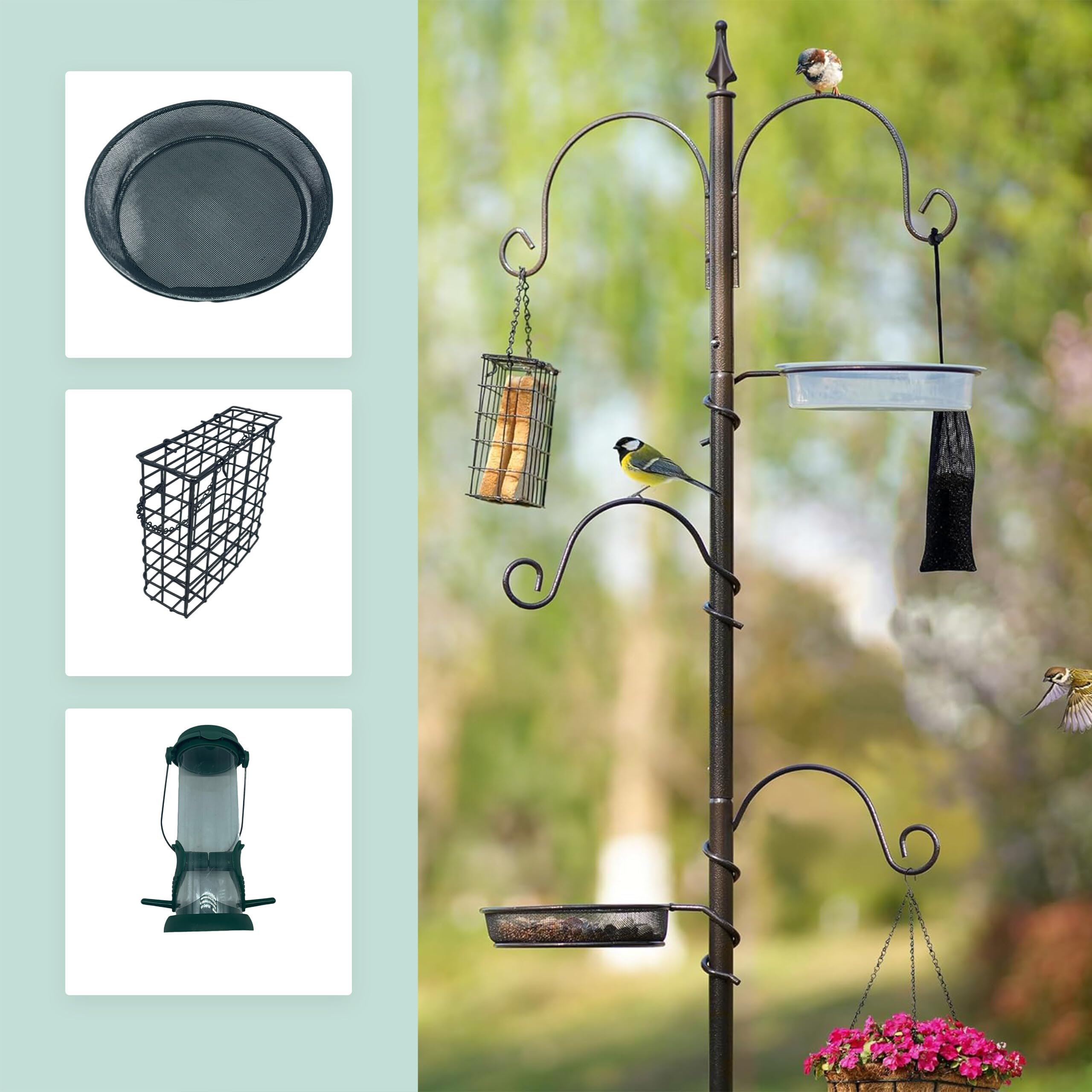 Relaxdays Mangeoire pour Oiseaux 6 en 1, Piquet, Abreuvoir, Distributeur de graines, Acier, Noir