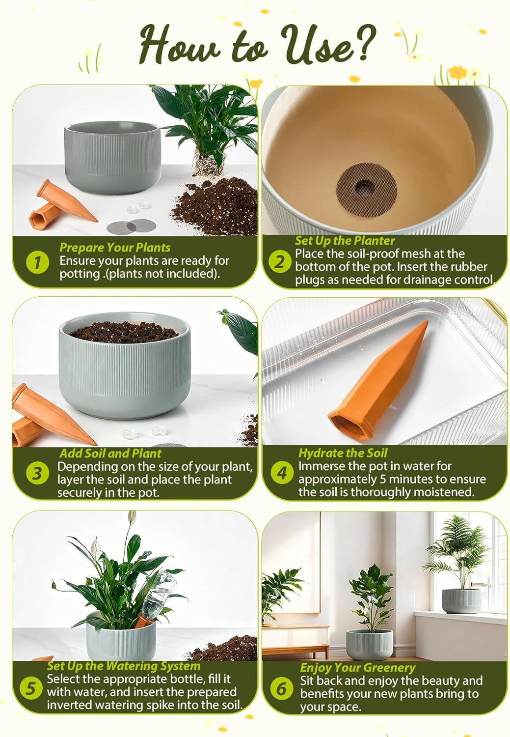 Ceramic Planters - 10+12 Inch Large Pots for Indoor & Outdoor Plants, Modern Flower Pots with Drainage Holes and Self Watering Devices, House Grey-Blue Big Plant Pot, Set of 2