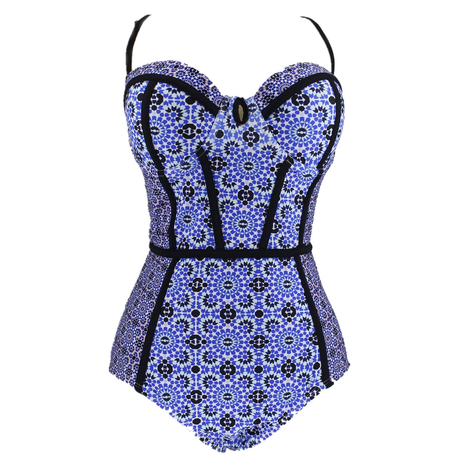 Elegant Retro Vintage One Piece Stripes Geometric Monokinis Swimsuit(FBA) (S, Floral)