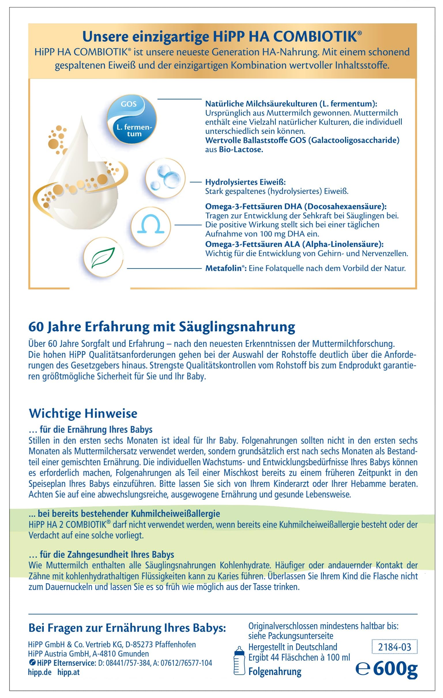 HiPP HA 2 Combiotik 4 x 600g Folgenahrung nach dem 6. Monat mit Milchsäurekulturen Ballaststoffen GOS Omega-3