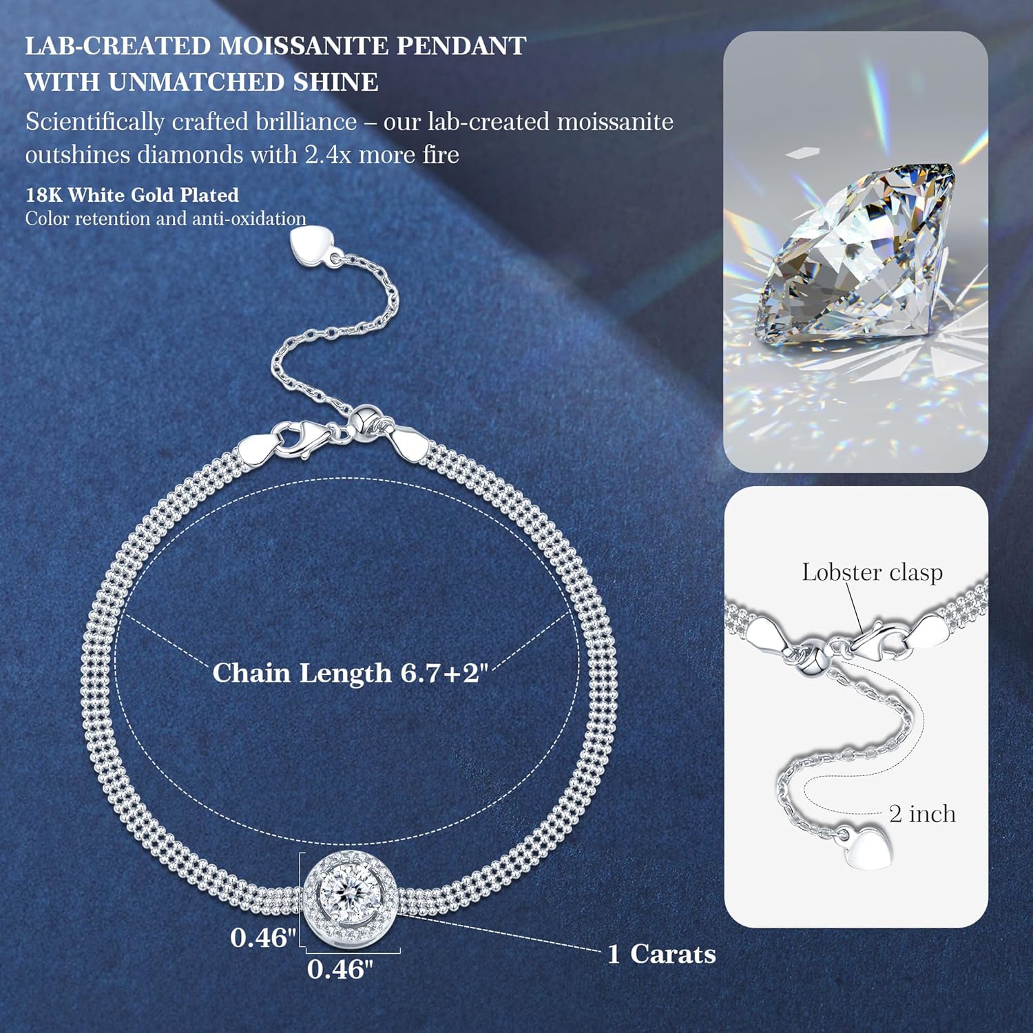 1CT Brilliant Moissanite Hand Bracelet for Women D Color VVS1 S925 Sterling Silver 18K White Gold Plated Link Chain Jewelry for Mother Love Friend Mother’s Day Birthday Gift for Her 7+2inch - Image 3