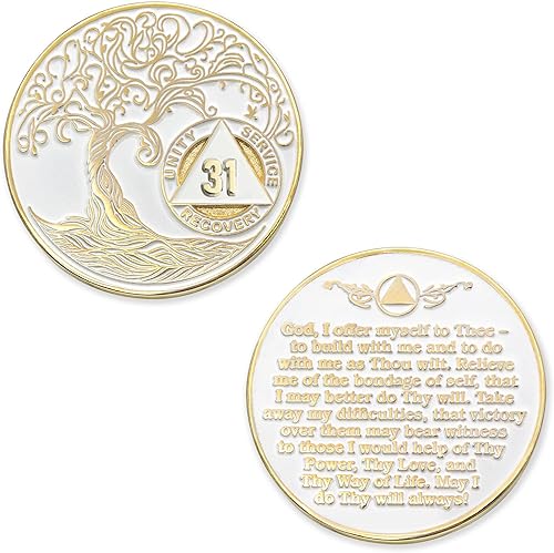 Miniatura 373 de 17 años Sobriety Mint Twisted Tree of Life - Medallón de recuperación AA/NA chapado en oro, fichas y fichas, color blanco