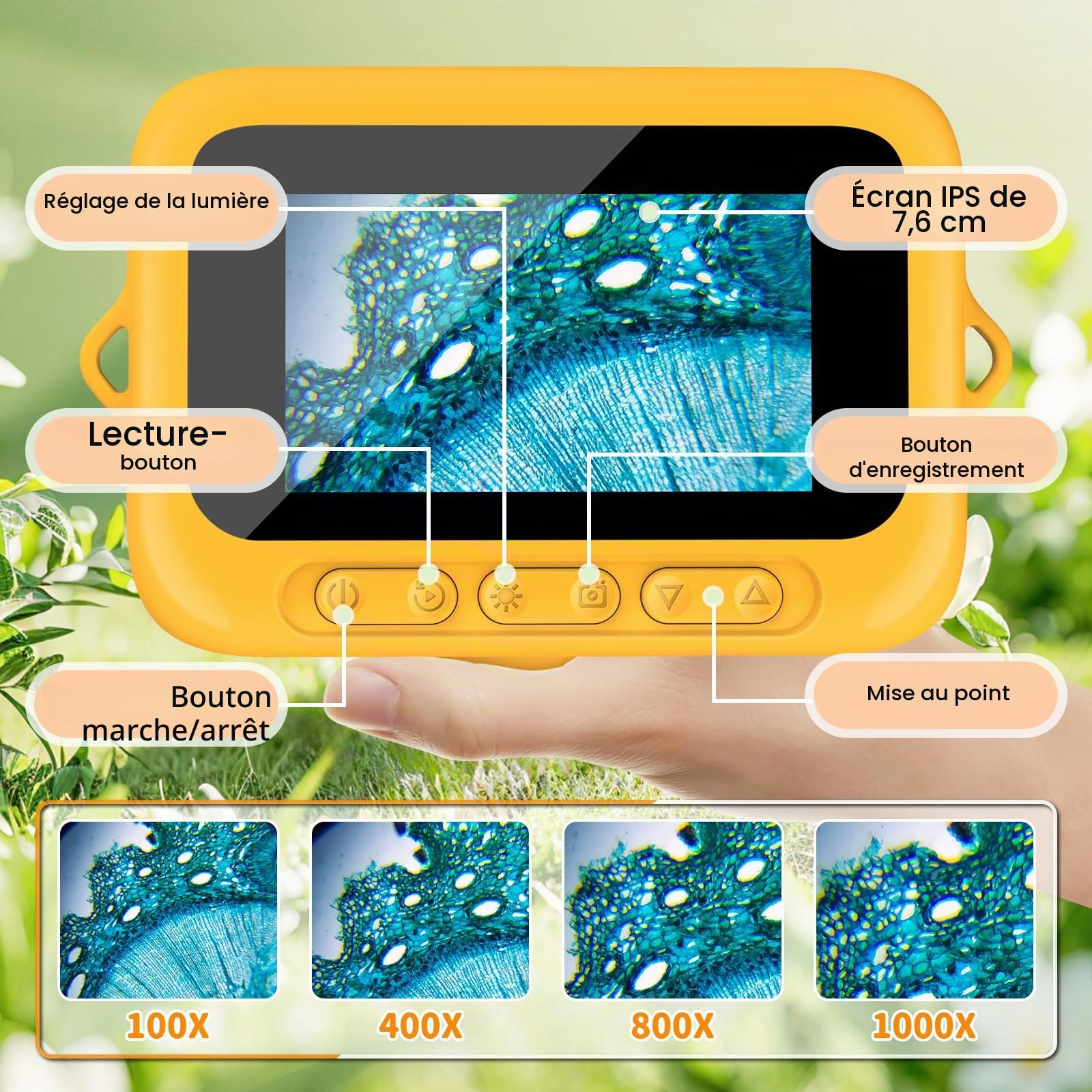 Microscope Numérique pour Enfants avec Écran IPS 3.0 Pouces, Rechargeable, Grossissement 1000x, 8 Lumières LED, Jouet Expérimental et Cadeau Éducatif pour Enfants de 3 à 12 Ans et Adultes