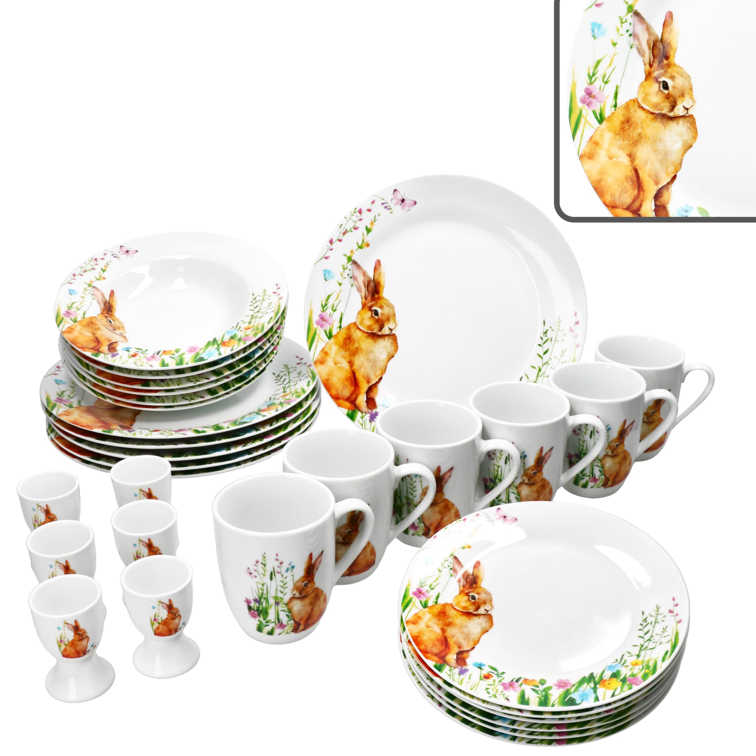 MamboCat 30-częściowy zestaw śniadaniowy Osterfreude I wiosenny porcelanowy zestaw naczyń z dekoracją zajączka wielkanocnego dla 6 osób I po 6 kieliszków do jajek, kubków, talerzy do ciasta, talerzy