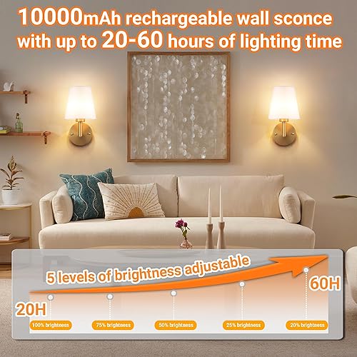 Miniatura 4 de Juego de 2 apliques de pared con pilas, lámpara de pared inalámbrica con bombilla magnética regulable RGB de 10000 mAh, aplique de pared recargable