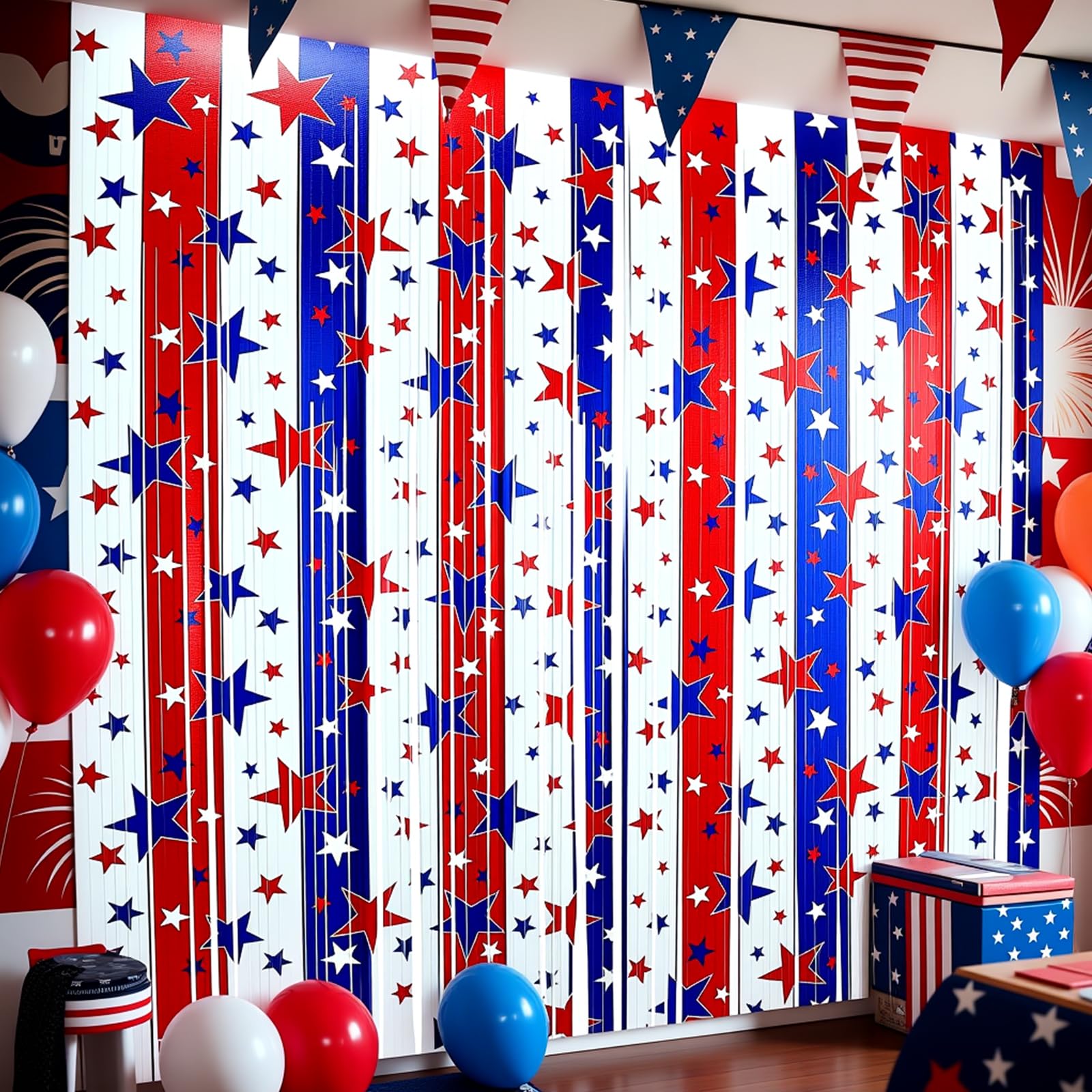 Suncalla 2 Pack Foil Curtain Backdrop Red White and Blue Star Metallic Hanging Fringe Curtains 4th of July Decorations Photo Booth Prop for Patriotic