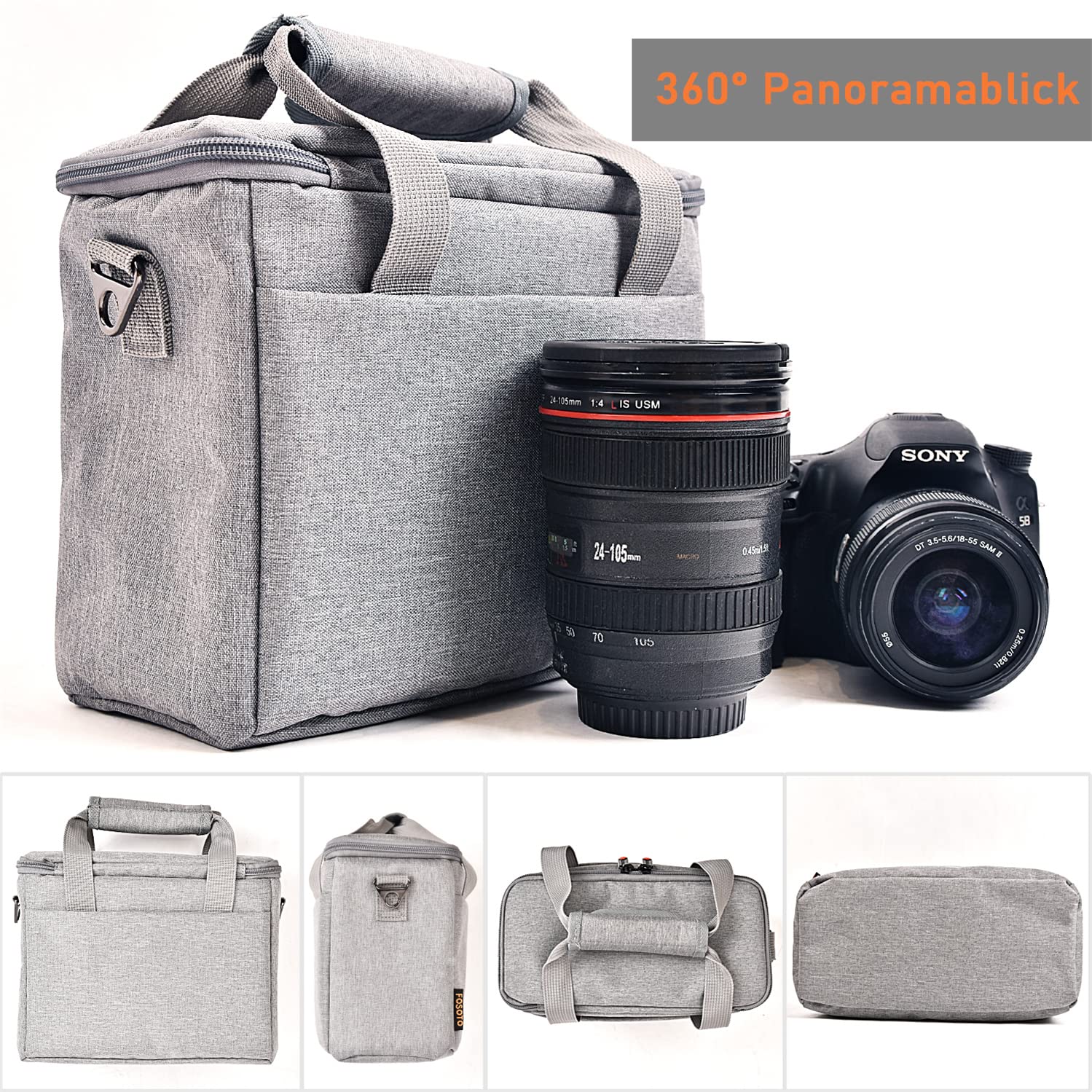 FOSOTO DSLR-Kameratasche für Spiegelreflexkameras und Zubehör Grau, SLR Kameratasche Klein mit Regenschutz Kompatibel mit Nikon D3400 D5600 D5500 D7500,Canon EOS 4000D 2000D M50,Sony A7R A6400 A6100