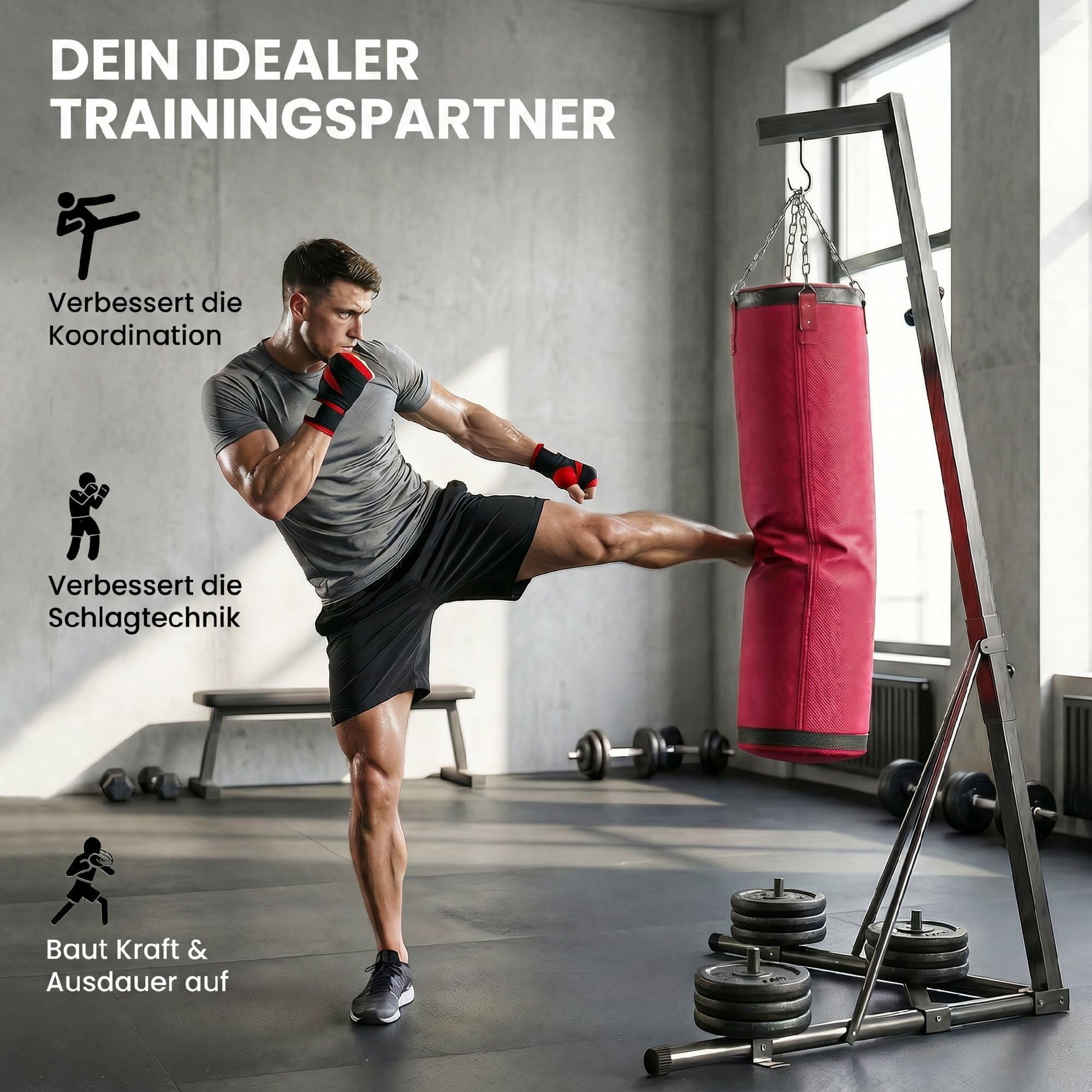 SPORTNOW Boxsackständer 185-231cm Höhenverstellbar Freistehender Boxsackhalter mit Boxsack Dreiecksbasis Gewichtenhalter, Stahl Boxsackhalterung Boxsack Trainingsgerät für Heimtraining Fitnessstudio