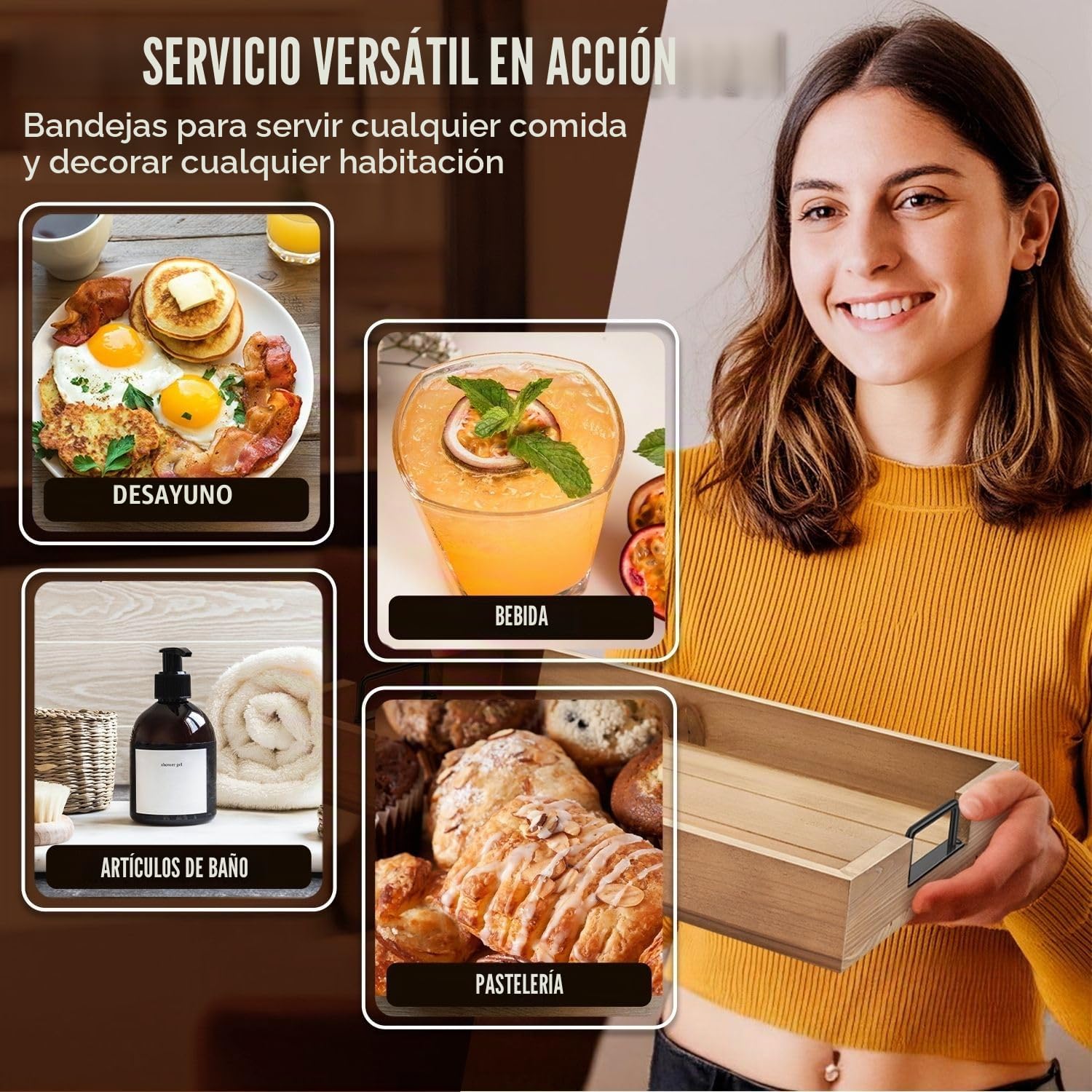 Flexzion Juego de bandejas rústicas para servir – Bandeja apilable de madera de abeto de 3 piezas con asa, bandeja de desayuno de madera, bandeja de embutidos anidada duradera para mesa de café