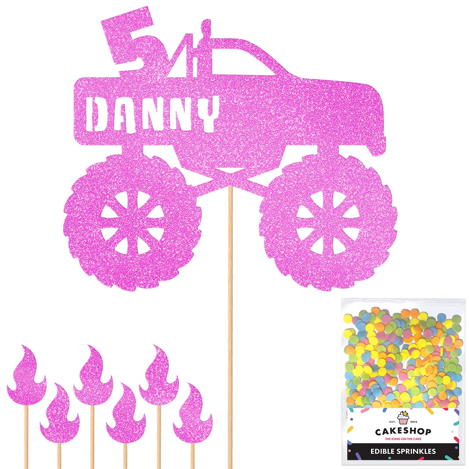 Personalised Monster Truck Glitter Cake Topper- Light Pink Any Custom Age & Name Glitter Cake Decoration and Sprinkles - Happy Birthday Decorations - Personalised Toppers for Cakes by Cakeshop