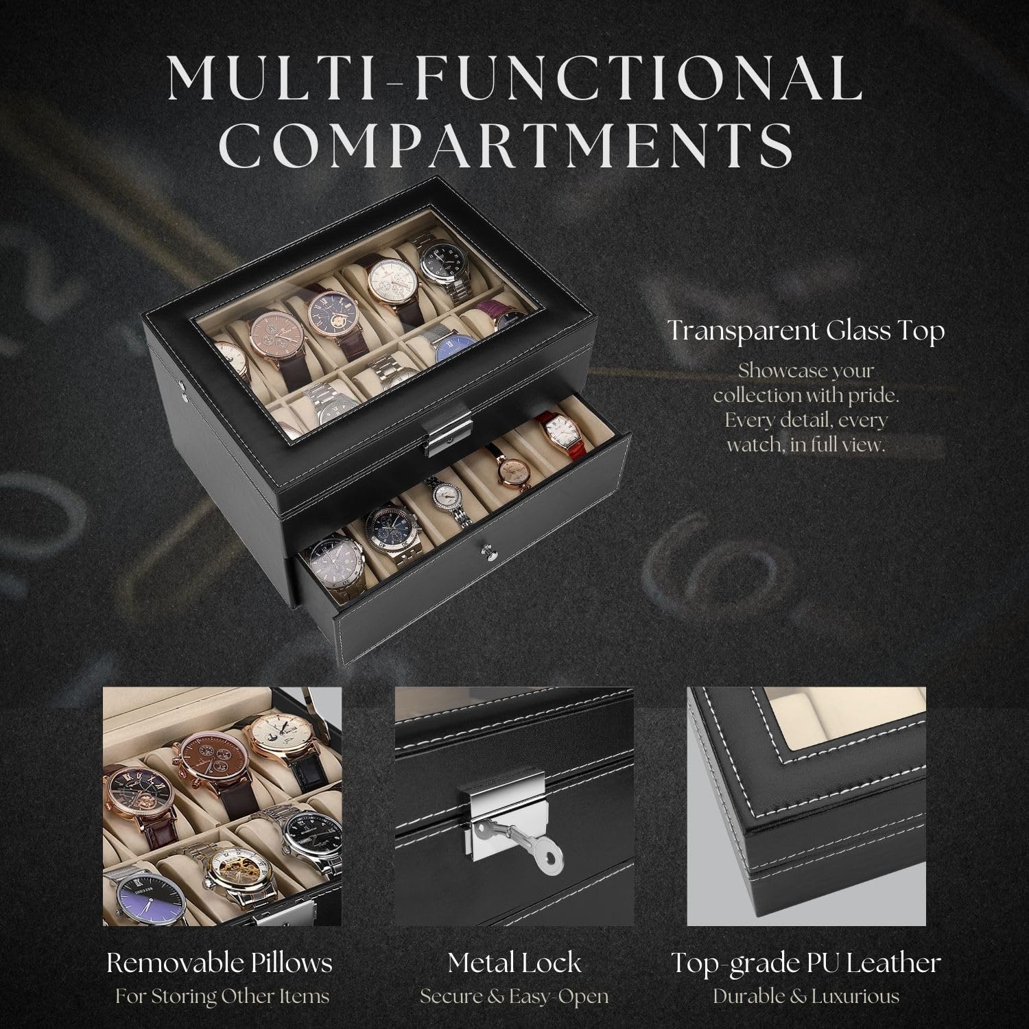 Flexzion Caja organizadora de relojes para hombres y mujeres, caja de almacenamiento de relojes con 20 ranuras con pantalla de cristal superior y almohadas extraíbles en cada ranura, fundas de reloj