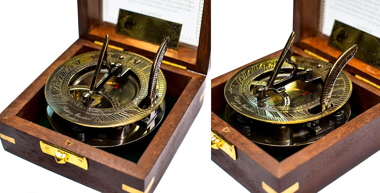 SAILOR'S ART Hatton Garden London Antique Brass Sundial Watch Compass Box with Wooden Box, Antique Items, Direction Compass