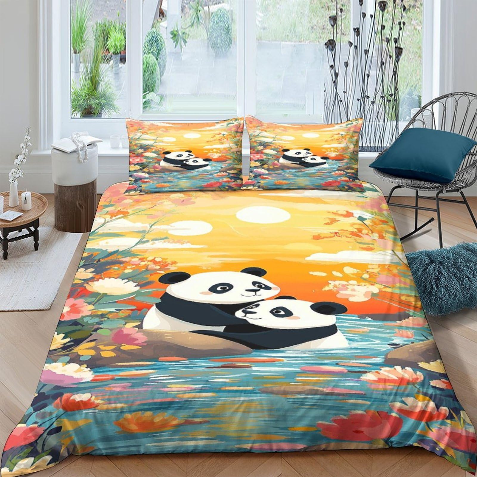 Panda-Pärchen 3D-Bedruckt 3er-Set Steppbezug Cartoon-Blumenszene Bettbezug Mikrofaser Hypoallergen Staubmilbenfest für Jungen Mädchen Erwachsene Super King（260x220cm）