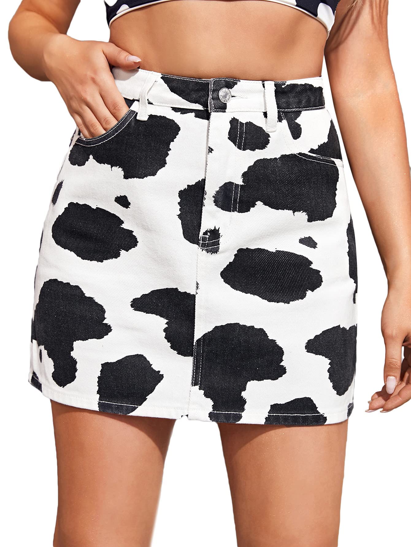 MakeMeChicWomen's Cow Print High Waist Mini Denim Skirt