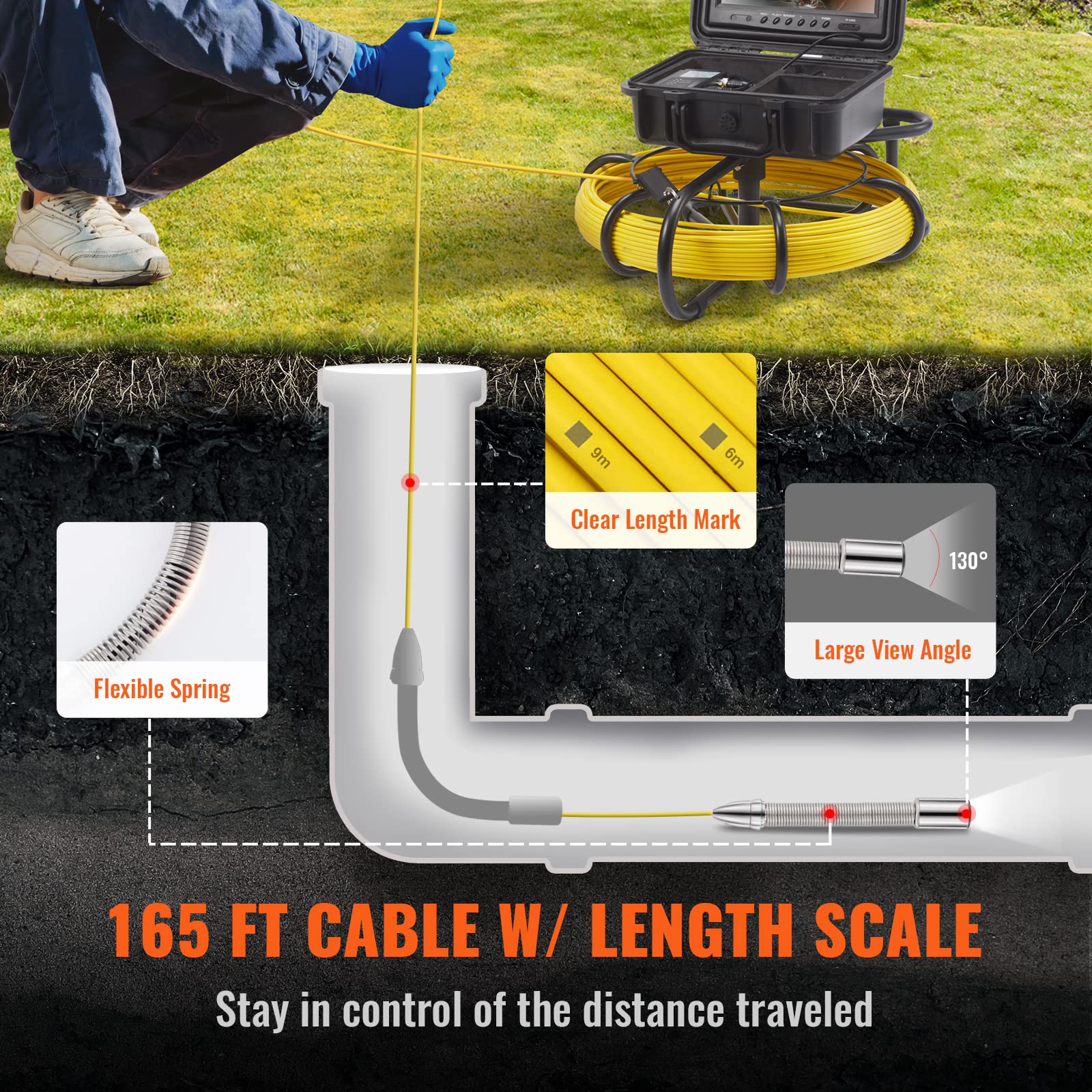 VEVOR Caméra Inspection Canalisation 50 m Caméra Endoscopique Drain Écran 9'' avec Enregistreur DVR Étanche IP68 12 LED Réglables Carte SD 16 Go pour Conduite d'Égout Maison Plomberie Tuyaux Vidange