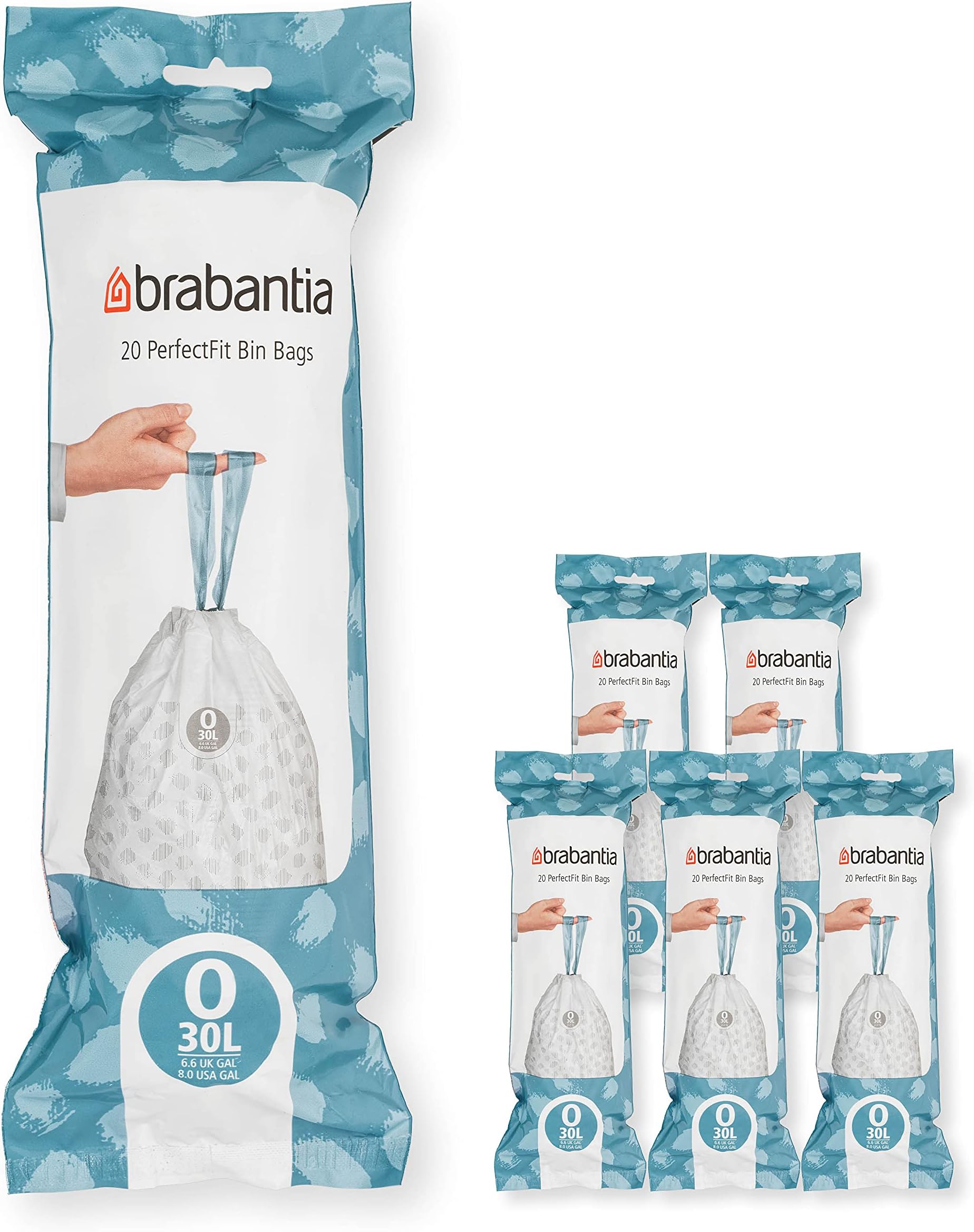 Brabantia 138485 PerfectFit Bin Liners Multipack (Size O/30 Litre) Thick Plastic Trash Bags with Tie Tape Drawstring Handles (120 Bags), White