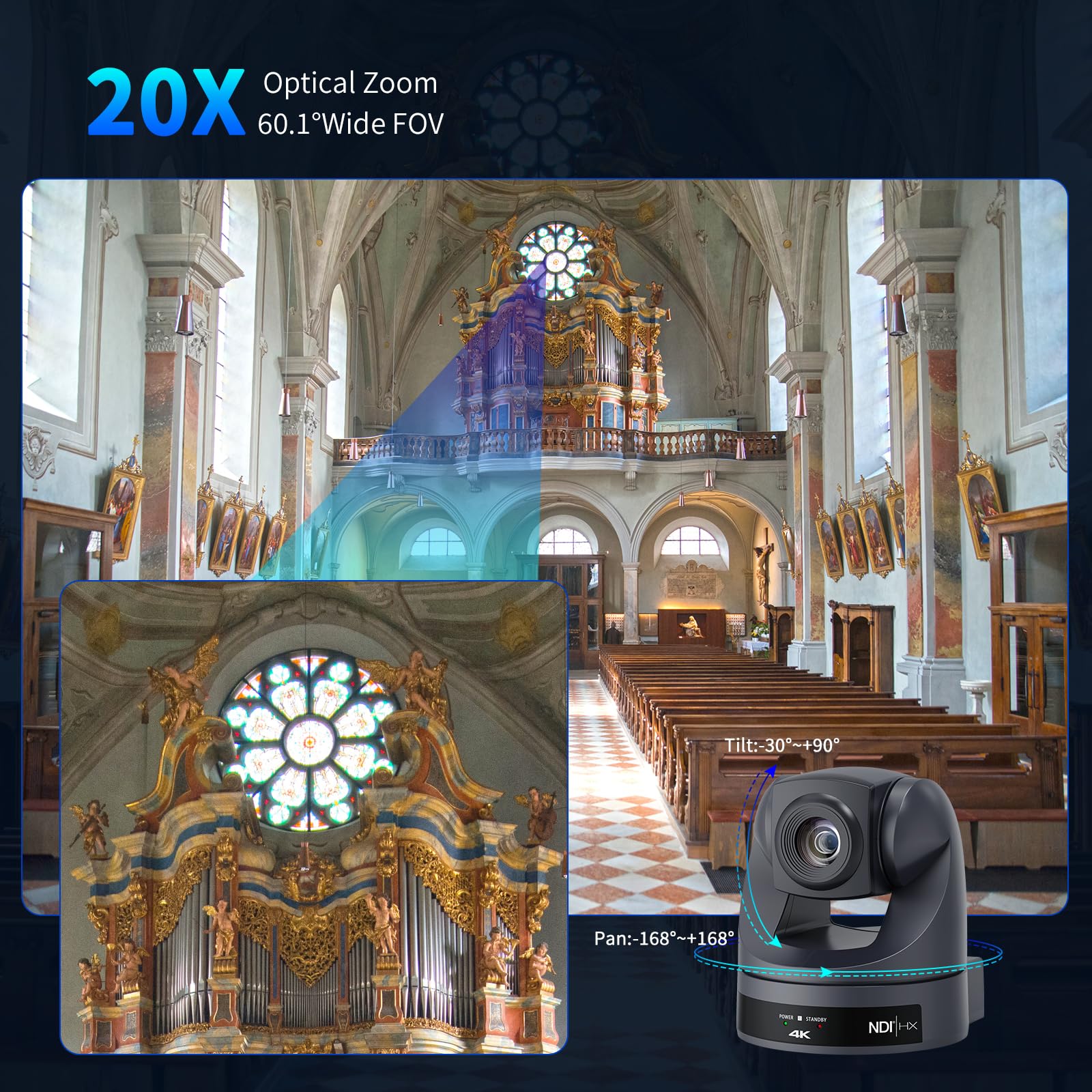 Cámara 4K NDI PTZ 20X, HDMI USB LAN, salidas de videoconferencia, cámara web para culto de iglesia/eventos, servicios/educación, funciona con zoom, Skype, OBS