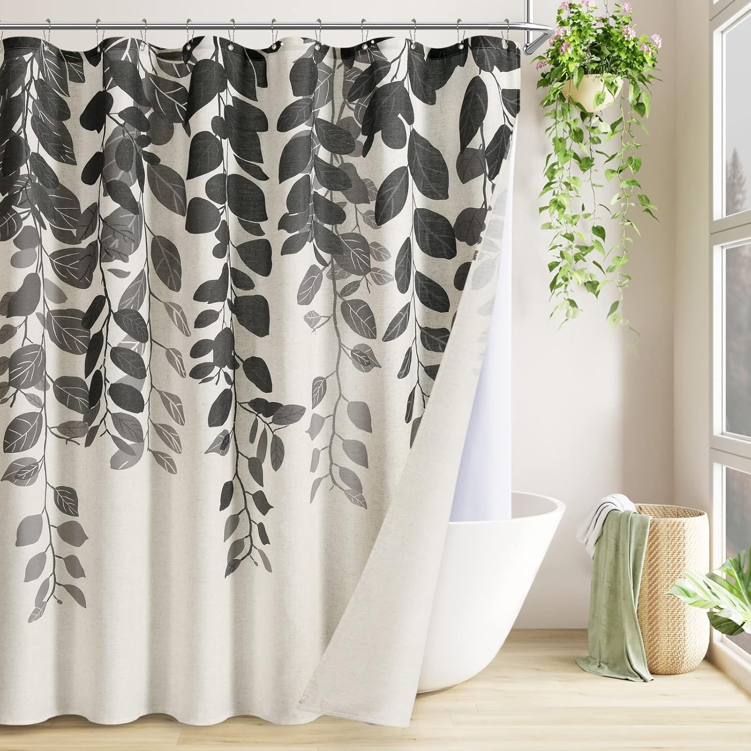Amazon.com: BOODII Black Tan Linen Shower Curtain with Snap in Liner ...