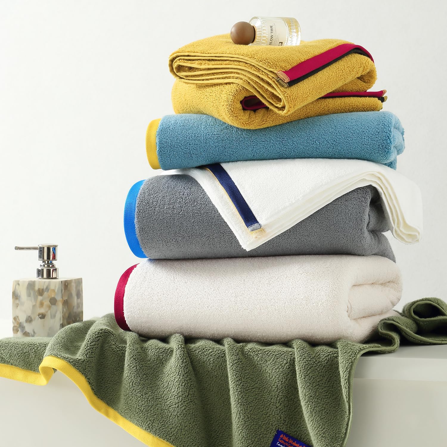Lucury Bath Towels Set of 6,2 Bath Towels, 2 Hand Towels, 2 WashCloths,100% Cotton Extra Absorbent Silk Hemming Towels for Bathroom (Beige)