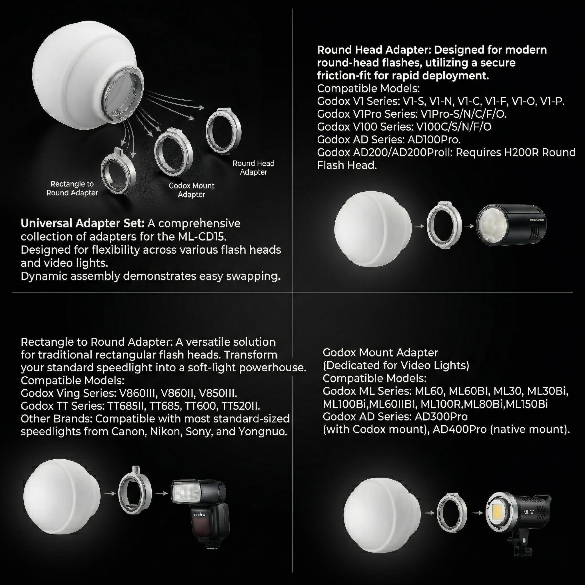 Godox ML-CD15 Soft Dome Diffuser Kit con 3 Adattatori, compatibile con Godox V100, V1 Pro, AD200Pro II, AD100Pro, AD300Pro, AD400Pro, V860III, ML30, ML30Bi, ML100Bi, ML100R, ML60Bi, ML60IIBi e altro