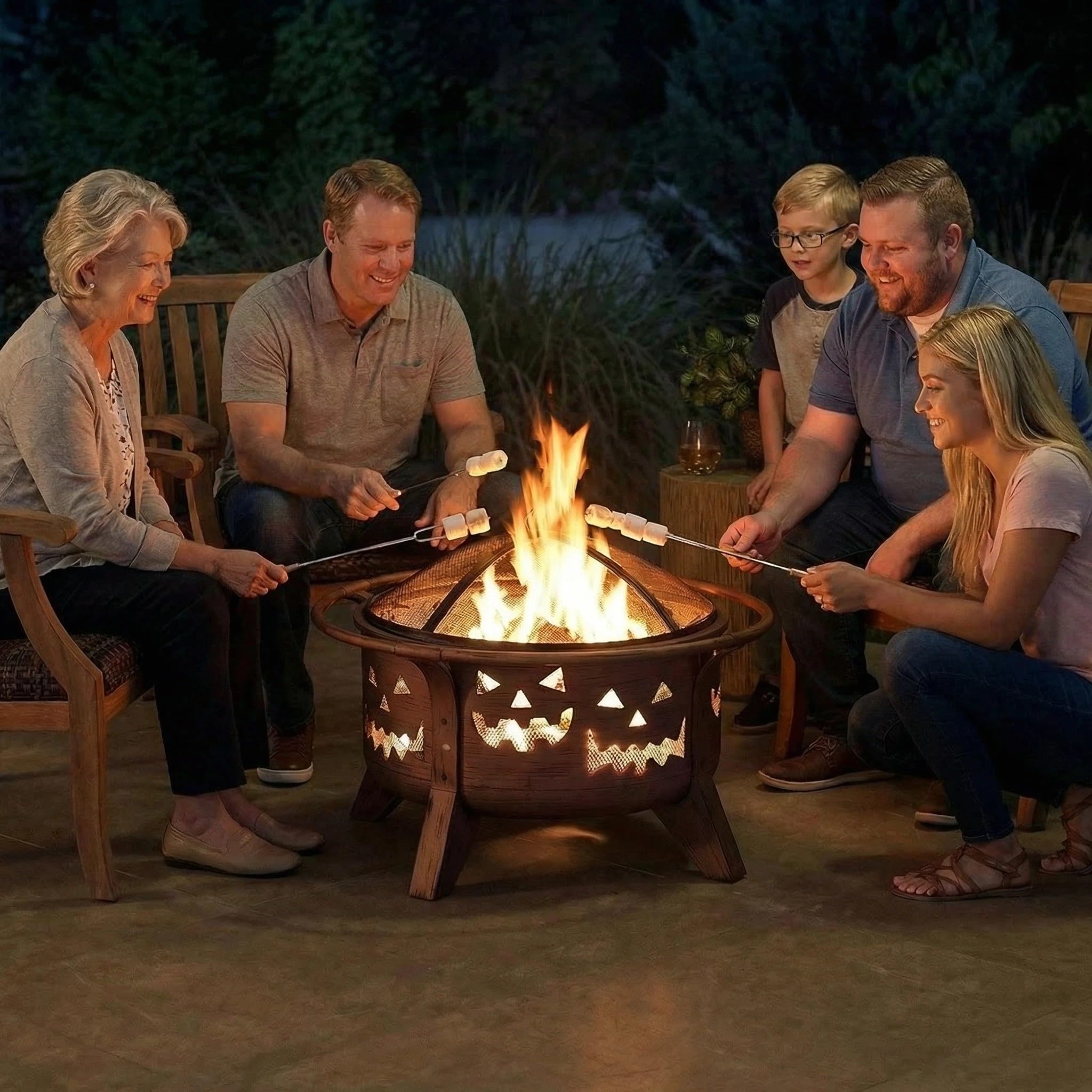 SUNJOY 76 cm Feuerstelle Outdoor Holzfeuerstelle Terrasse Jack-o-Lantern Motiv Runde Stahl Große Feuerstellen für Draußen mit Funkenschutz und Schürhaken