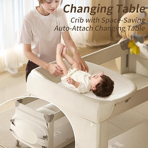 Miniatura 4 de 4 en 1 corralito para bebé, Pack and Play: moisés de noche ajustable en altura de 4 niveles, cuna de viaje plegable de un solo toque con cambiador,