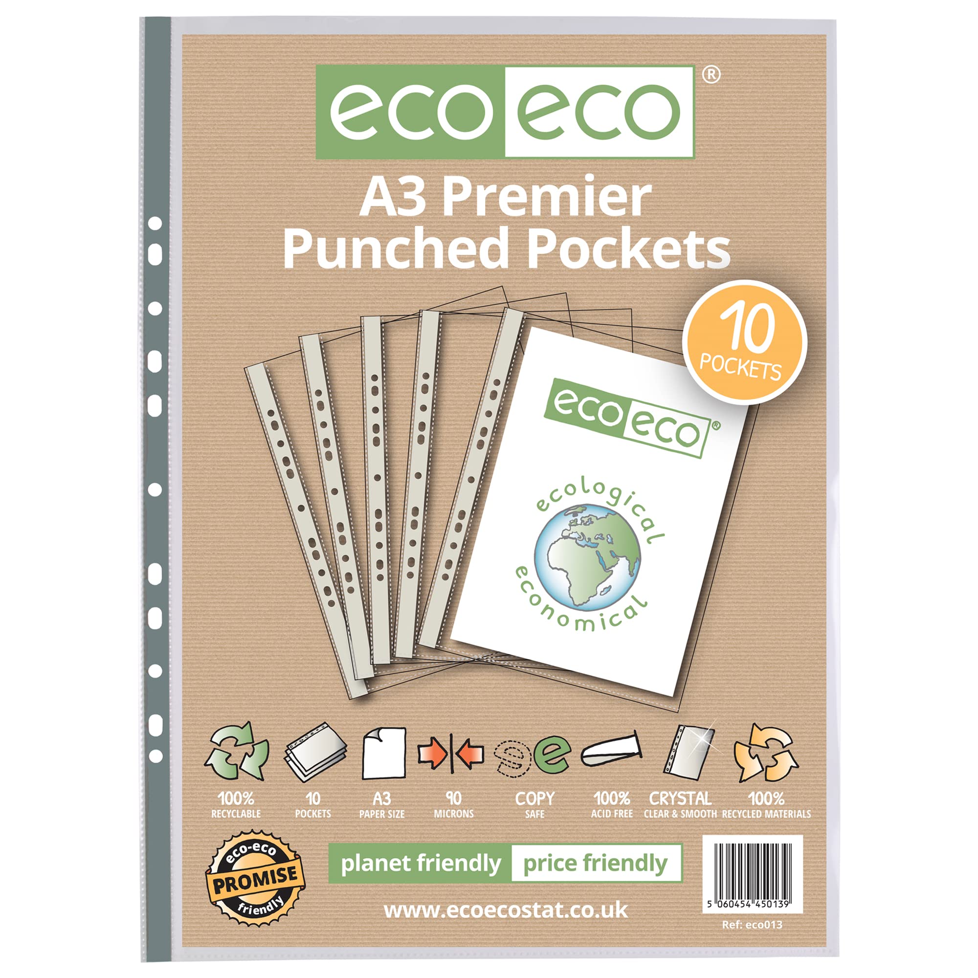 eco-eco Eco013x20 - Buste trasparenti con fori multipli, formato A3, 100% riciclate, in poliestere, 90 micron, confezione da 200