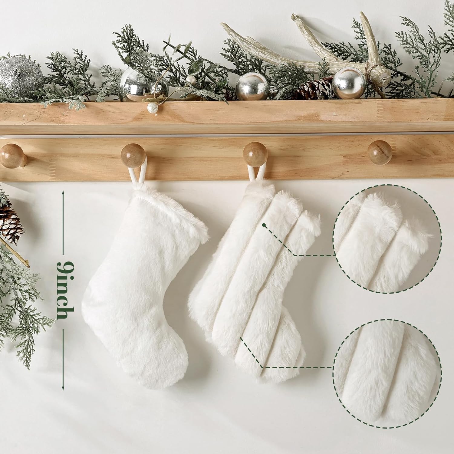 Rustic Mini Christmas Stockings, 6 Pack 9 Inch Luxury Snow White Thick Plush Faux Fur Stocking with 6 Styles of Textured Patterns, Farmhouse Home Decor Party Decorations Gift for Mantal Fireplace