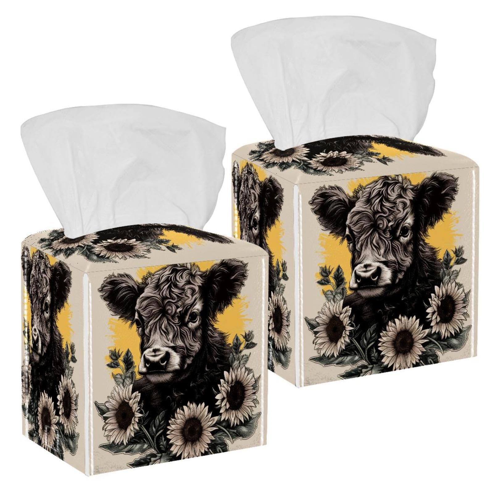 Cow Sunflowers Tissue Box Cover, 2 Pack PU Leather Square Facial Tissue Dispenser Box holder for Home Office Car
