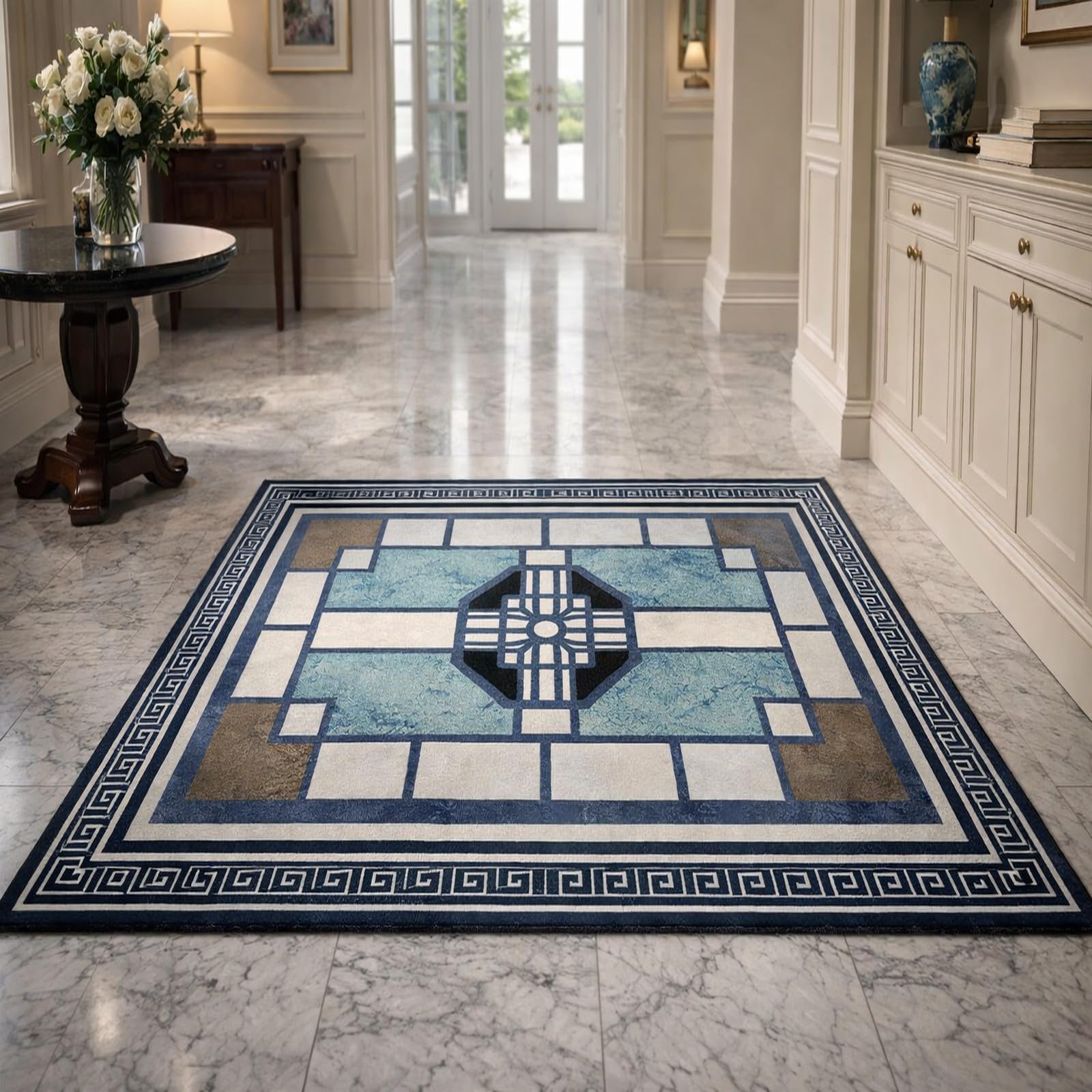 Tapis géométrique vintage bleu idéal sous la table de cuisine