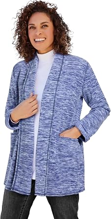 Woman Within Plus Size Microfleece Cardigan Shawl Collar Oversized Long Open Jacket