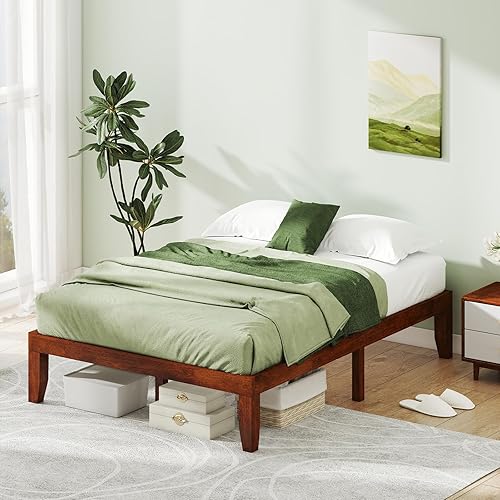 Miniatura 10 de KOMFOTT Base de cama de plataforma de madera de 14 pulgadas, tamaño matrimonial, base de colchón de madera con marco de madera de goma, fuerte