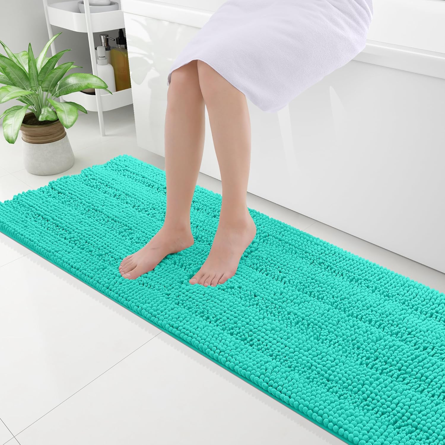 Grandaily Chenille Striped Bathroom Rugs 59x20, Extra Thick and Absorbent Bath Mats, Non-Slip Soft Plush Shaggy Shower Carpet, Machine Wash Dry, Bath Rug for Bathroom, Teal 59" x 20" Teal