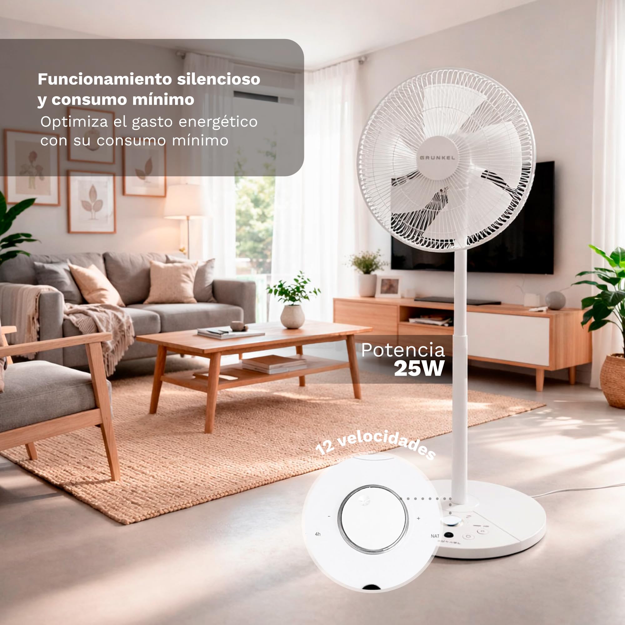 Grunkel Ventilador de Pie Ultrasilencioso PS de 36cm 14” | 12 Velocidades | 7 Aspas | Oscilación 100° | Temporizador 12h | Mando a Distancia | 30W (Blanco control cabezal)