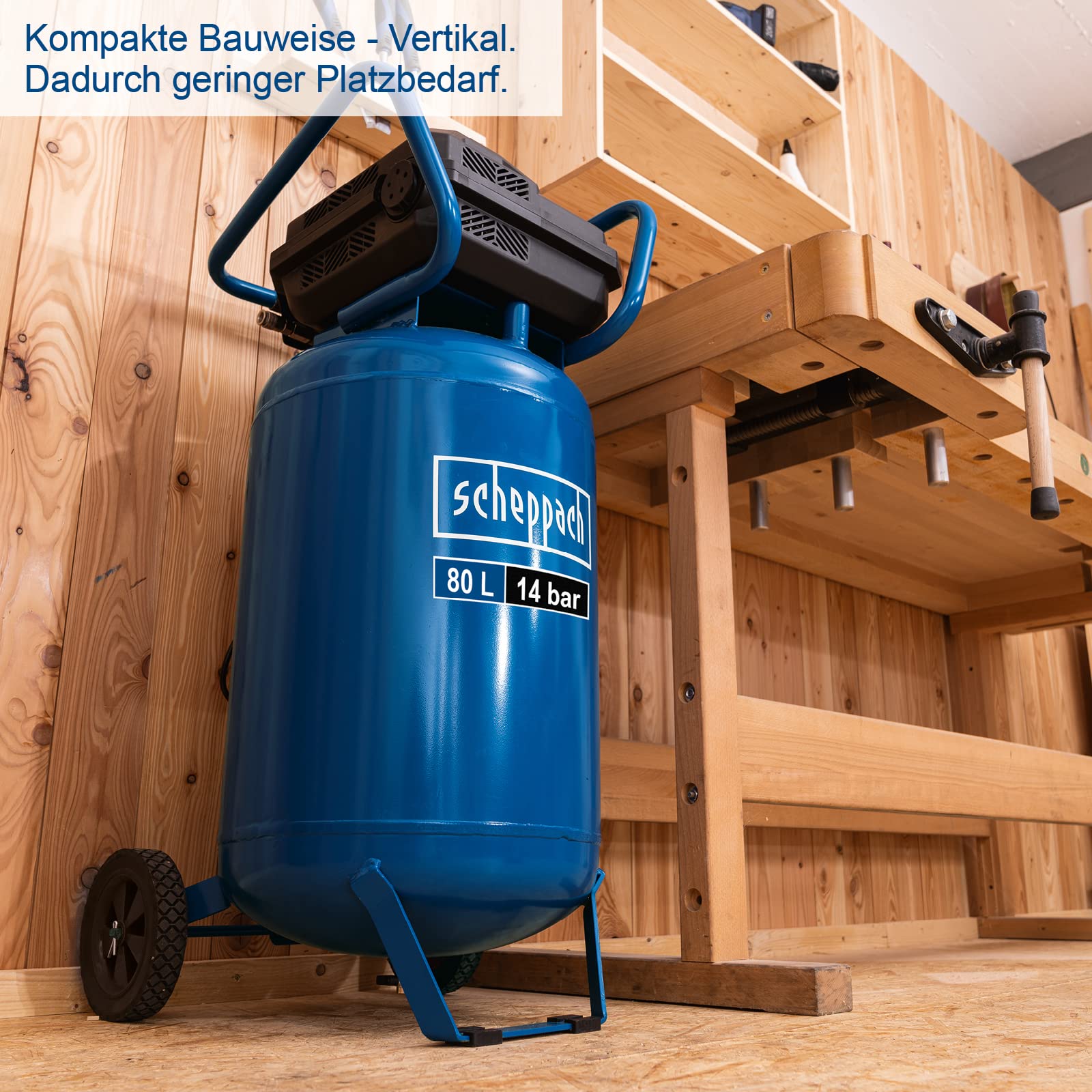 Scheppach Druckluft Kompressor stehend HC85V 14Bar | Kessel 80L | 330 l/min | ölfrei & wartungsarm | Ansaugleistung 330 L/min | 2x Schnellkupplungen | Druckminderer | inkl. Fahrvorrichtung