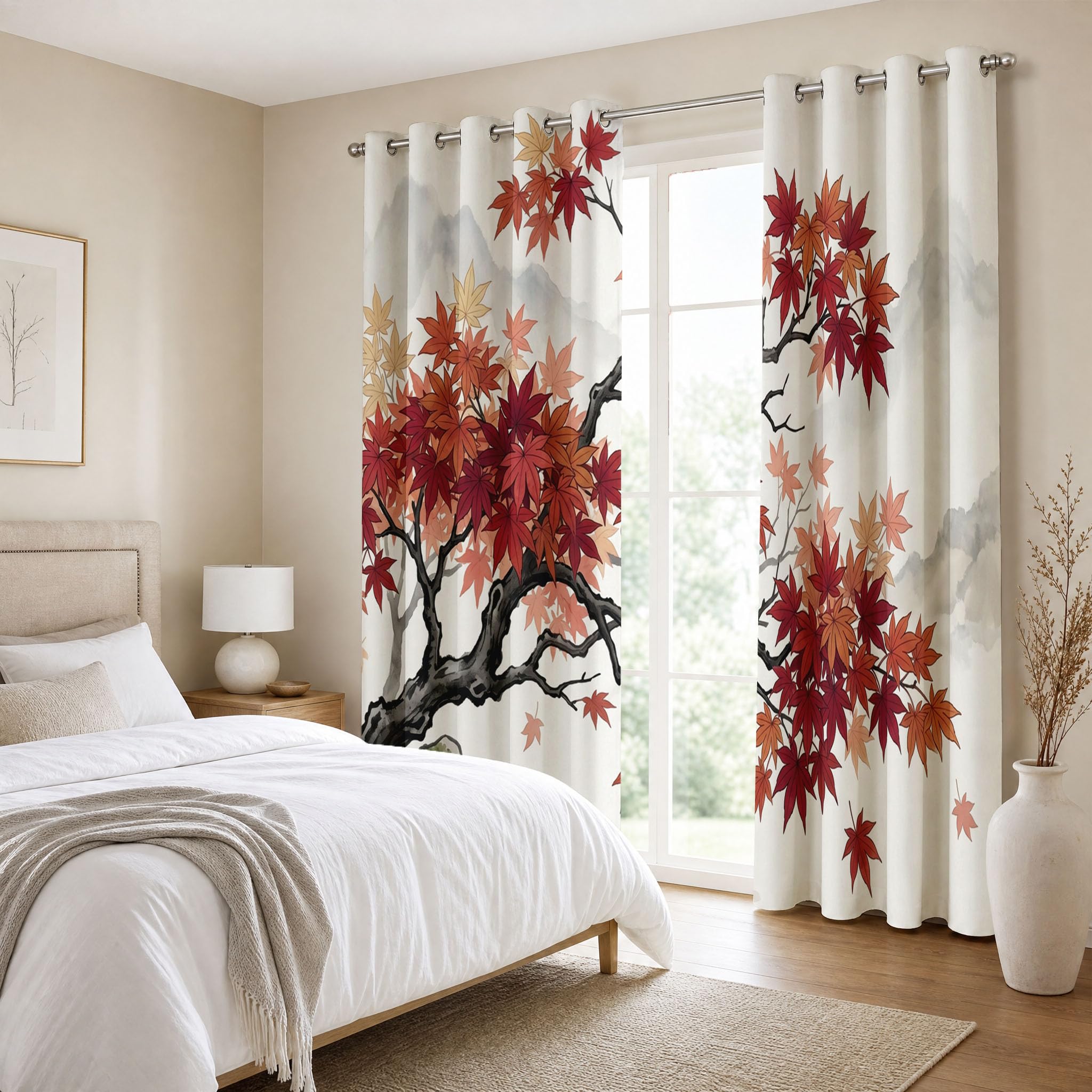 Cortinas Opacas Montañas Dibujadas A Mano Impresión,3D Arce Rojo Cortinas Blackout Termicas Aislantes Frio y Calor con Ojales para Dormitorio Salon 2 Piezas 140×160cm,Beige