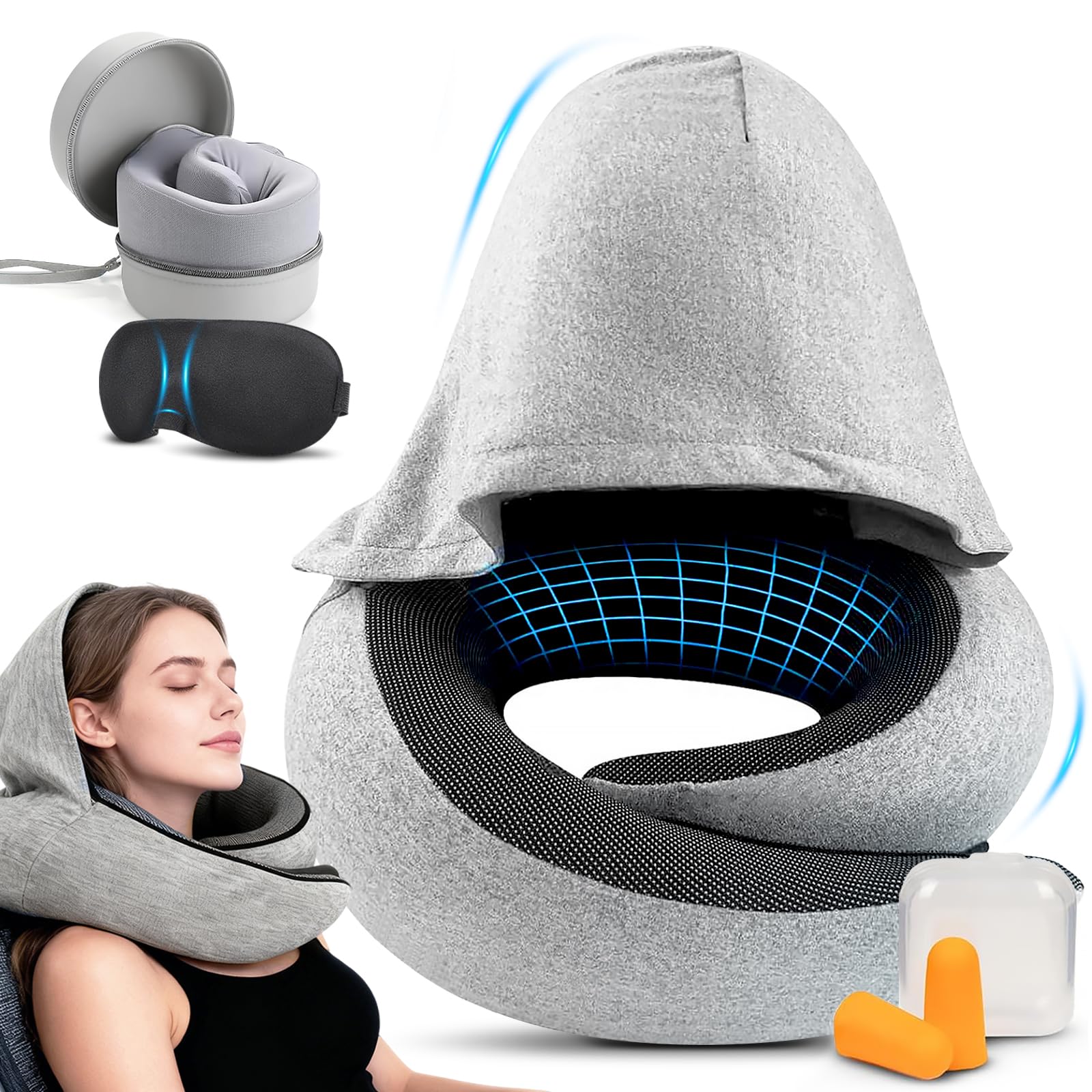 Nackenkissen Flugzeug, Reisekissen, Verstellbarer Reisekissen Memory Foam mit Kapuze Unterstützt Kopf Nacken Nackenhörnchen Erwachsene mit Schlafmaske, Ohrstöpsel, Tragetasche für Flugzeug, Auto, Zug