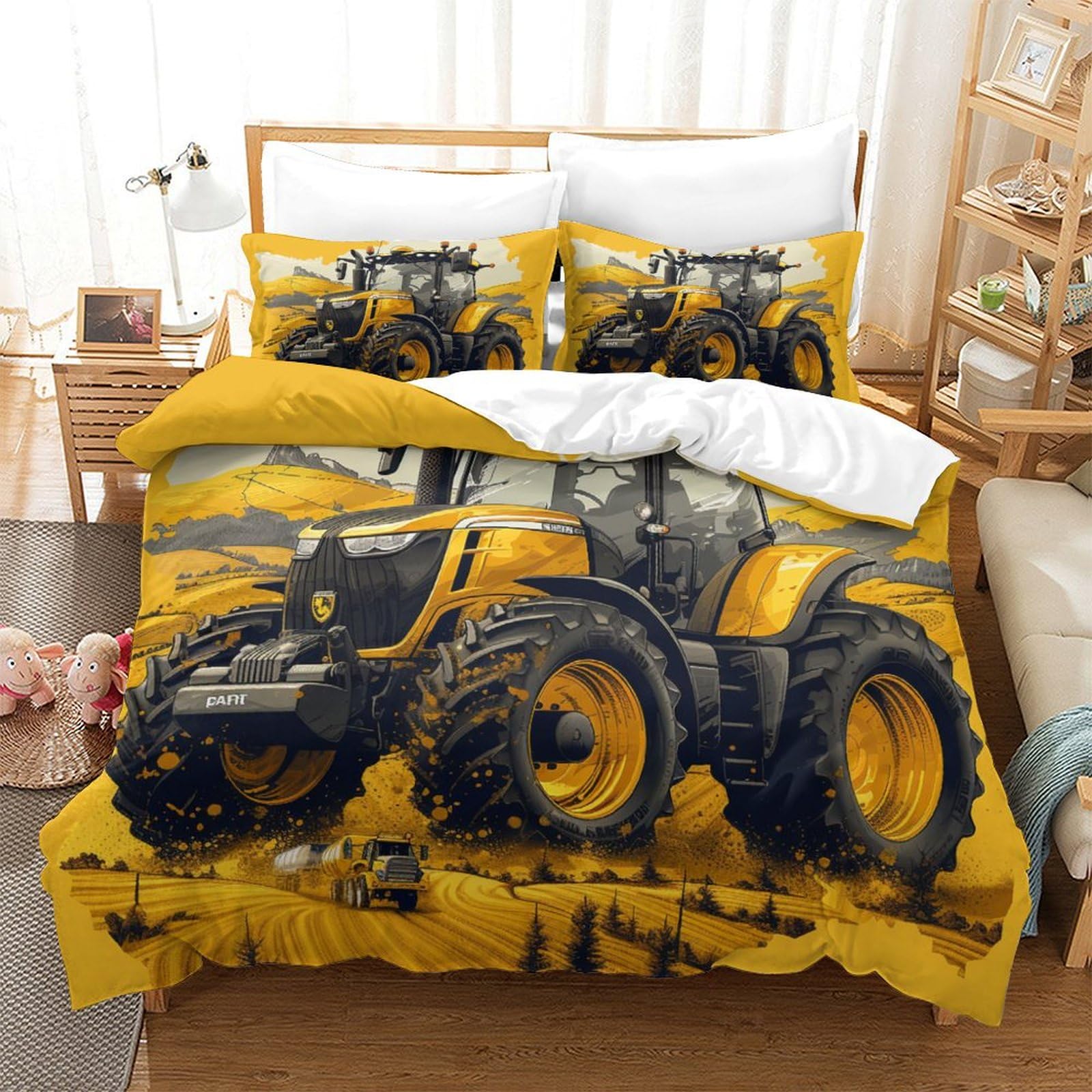 Housse de couette 3D tracteurs 3 pièces avec taies d'oreiller lit double 260x220cm