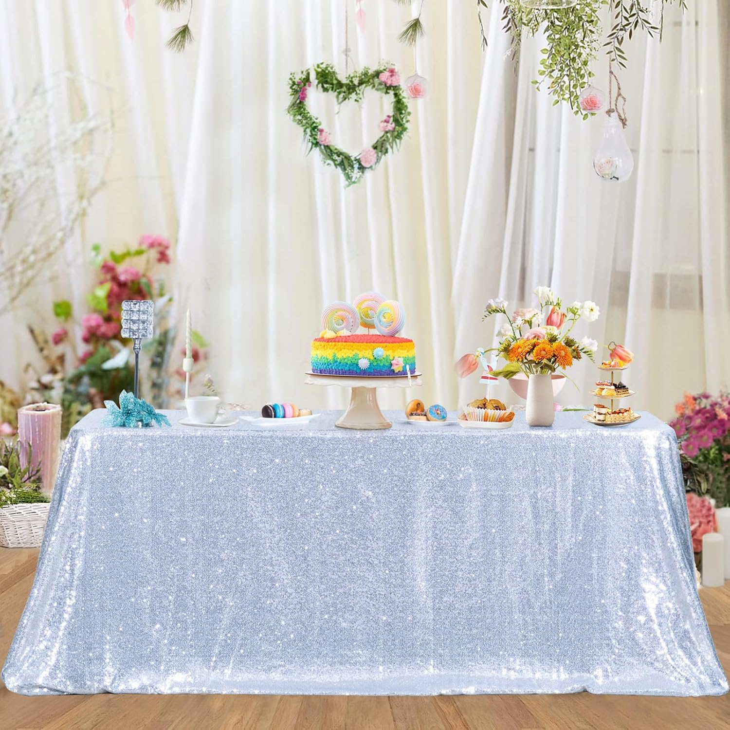 Poise3EHome Silver Sequin Tablecloth - 90x132 Inch Sparkly Drape Rectangle Tablecloth - Sequin and Satin Fabric Table Cover for Party Wedding Baby Shower Ceremony Birthday Holiday Banquet Decoration