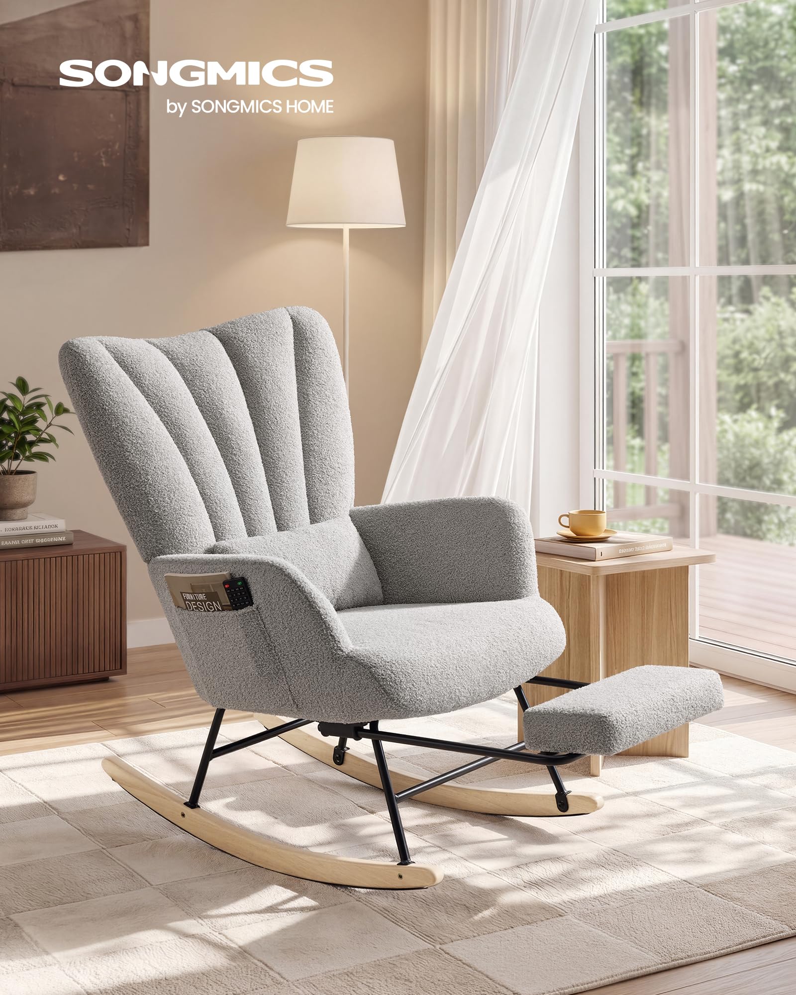 SONGMICS Schaukelstuhl, Relaxsessel, ausziehbare Fußstütze, Schaukelsessel, abnehmbares Kissen, Seitentaschen, Holzbeine, Fleece, für Schlafzimmer, Wohnzimmer, Taubengrau LYY018G101