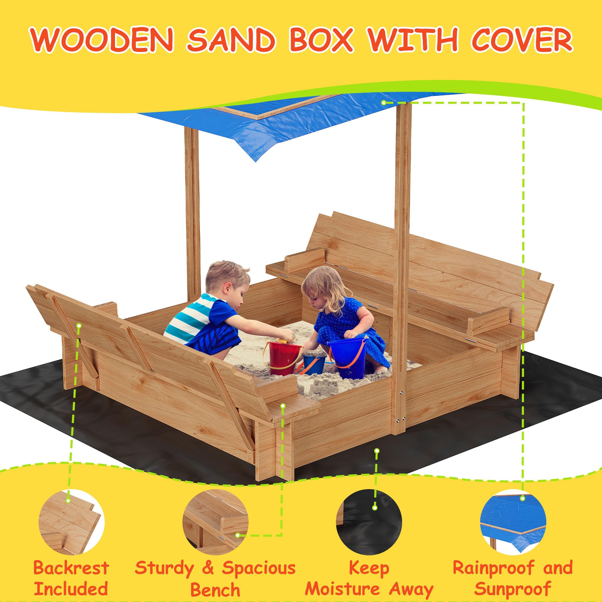 Wooden Sandbox with Lid?Cover, Outdoor Sand Box with 2 Bench Seats, Bottom Liner, Adjustable Height & Rotatable Canopy for Ages 3-8, Spacious Kids Sand Pit for Beach, Patio, Backyard(47x47in)