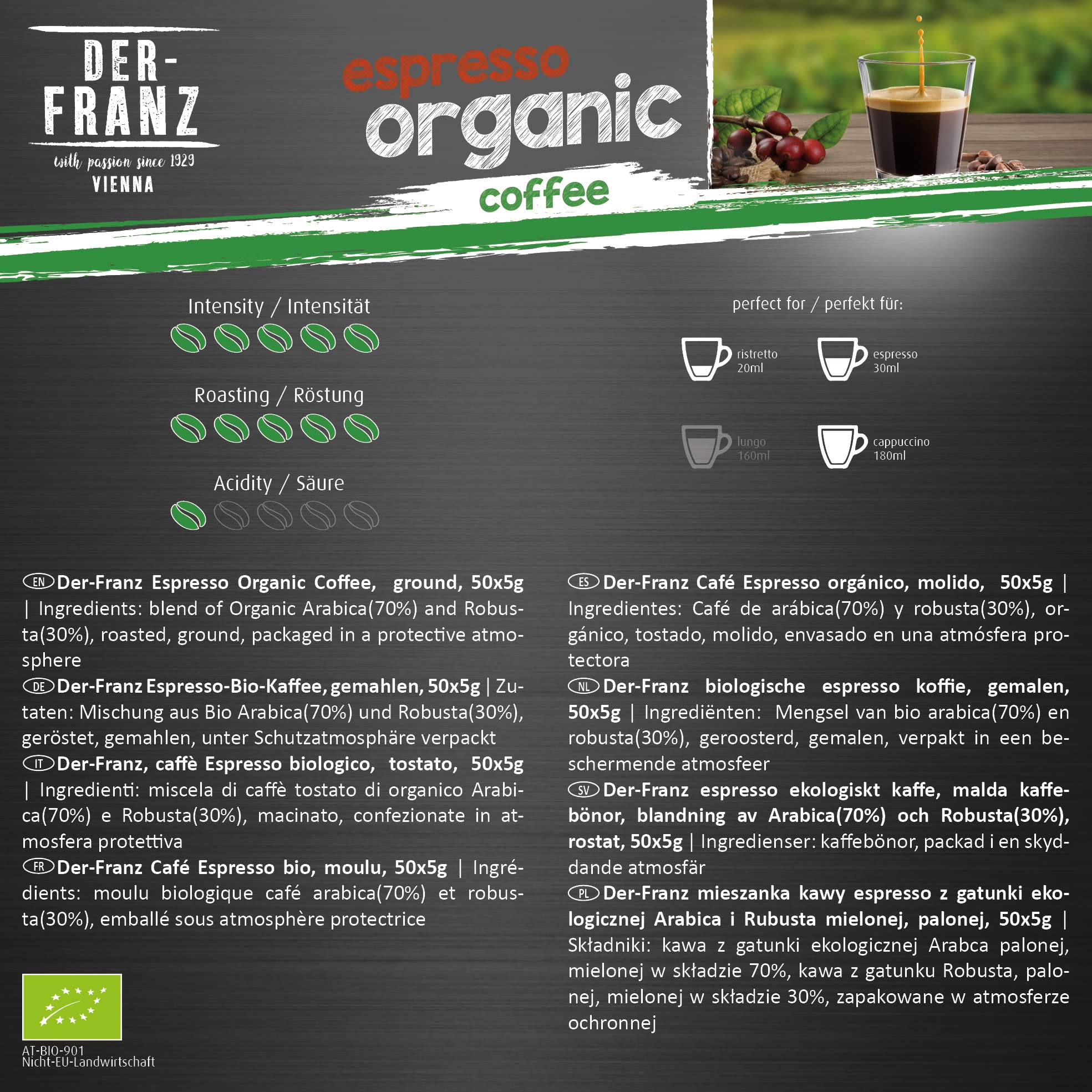 Der-Franz Café Pack, en grains, 6 x 500 g (1 x Crema, 1 x Espresso, 1 x Melange, 1 x Colombie, 1 x Espresso bio, 1 x Crema bio)