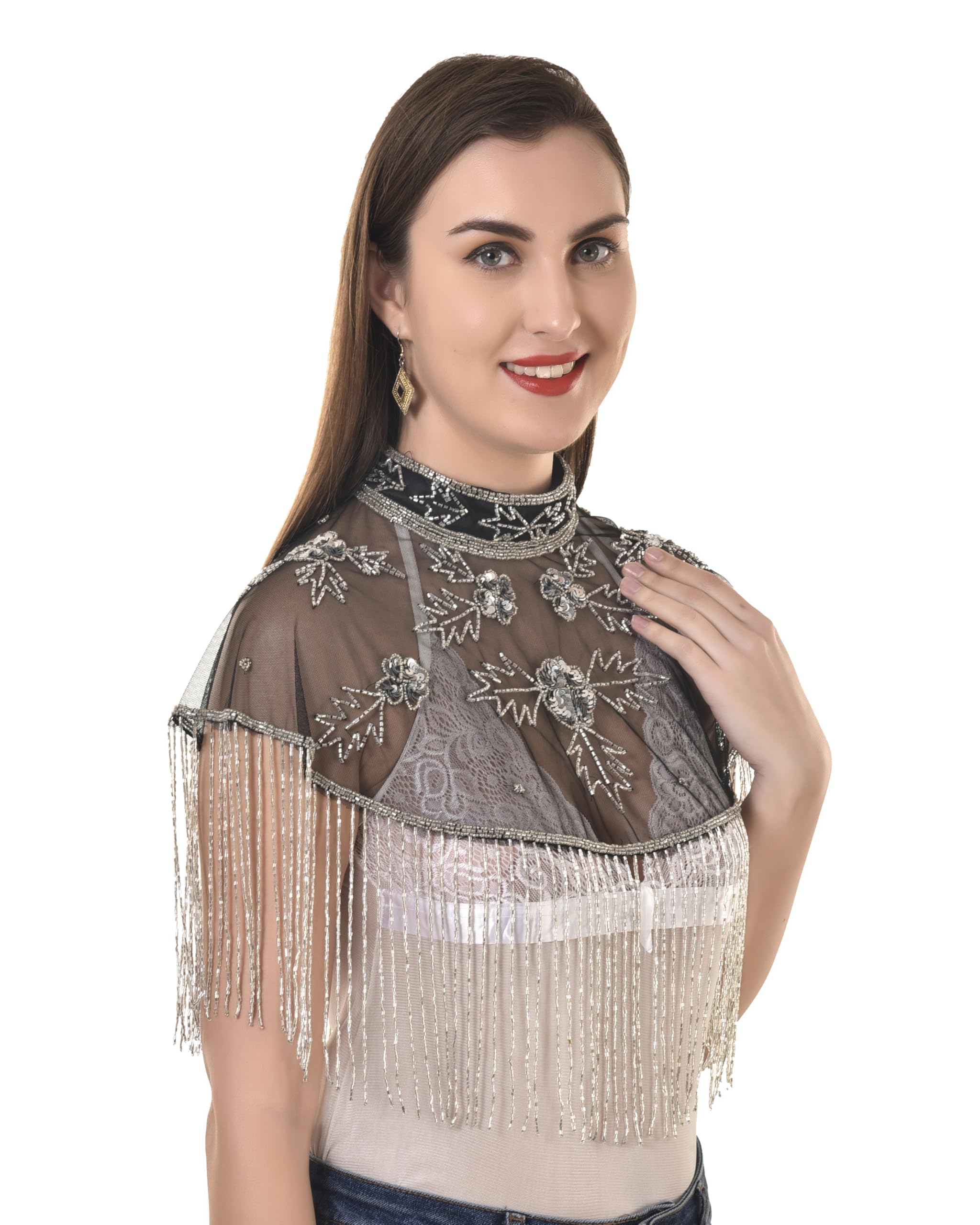 Vintage Art Deco Beaded Sheer Cape, Emerald Green Fringe Shawl with Floral Pattern, Evening Wear-picture-16